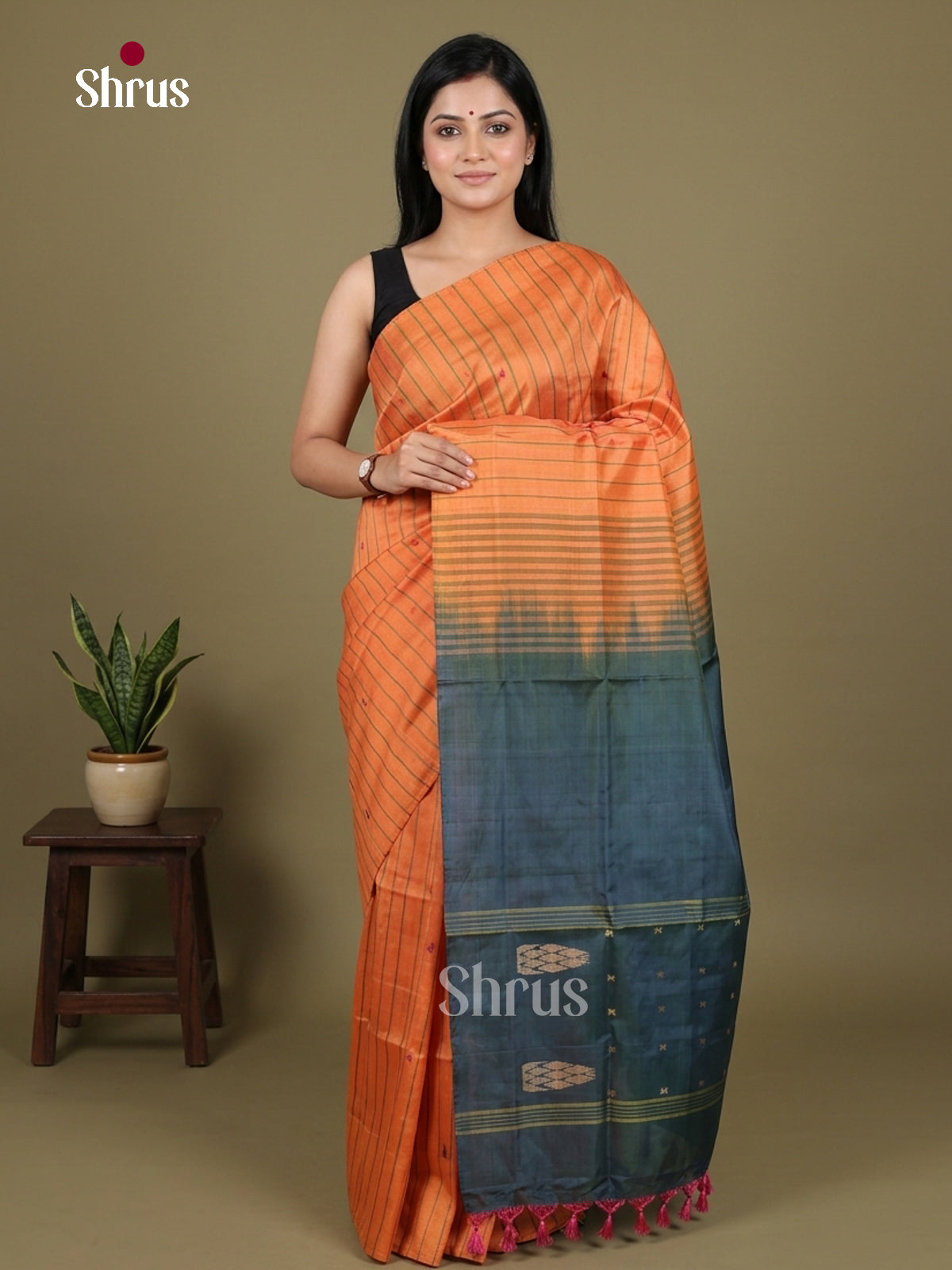 Buy Classy Sunset Orange Banana Pith Saree With Woven Stripes & Teal Green Traditional Pallu