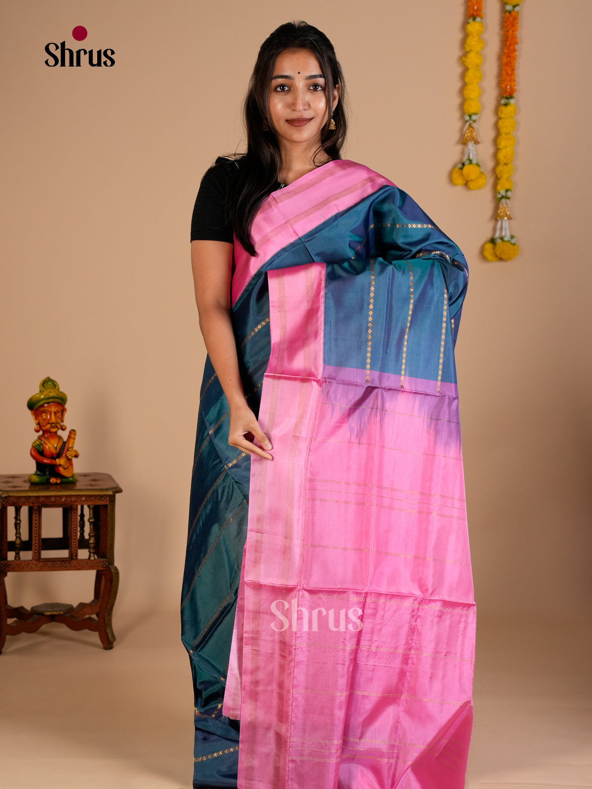 Buy Pretty Teal Banana Pith Saree With Zari Stripes, Rose Pink Border & Pallu