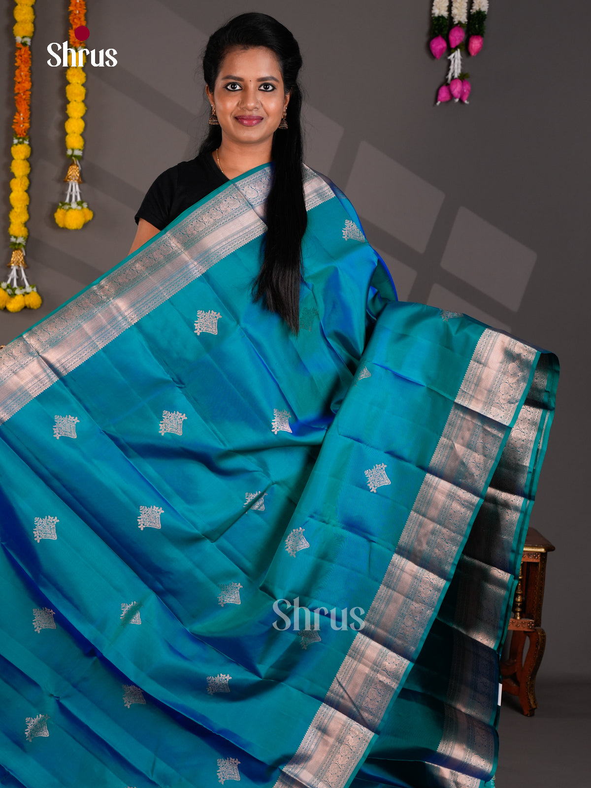 Buy Dazzling Teal Blue Kanchipuram Saree With Silver Floral Buttas, Traditional Zari Border & Brocade Pallu