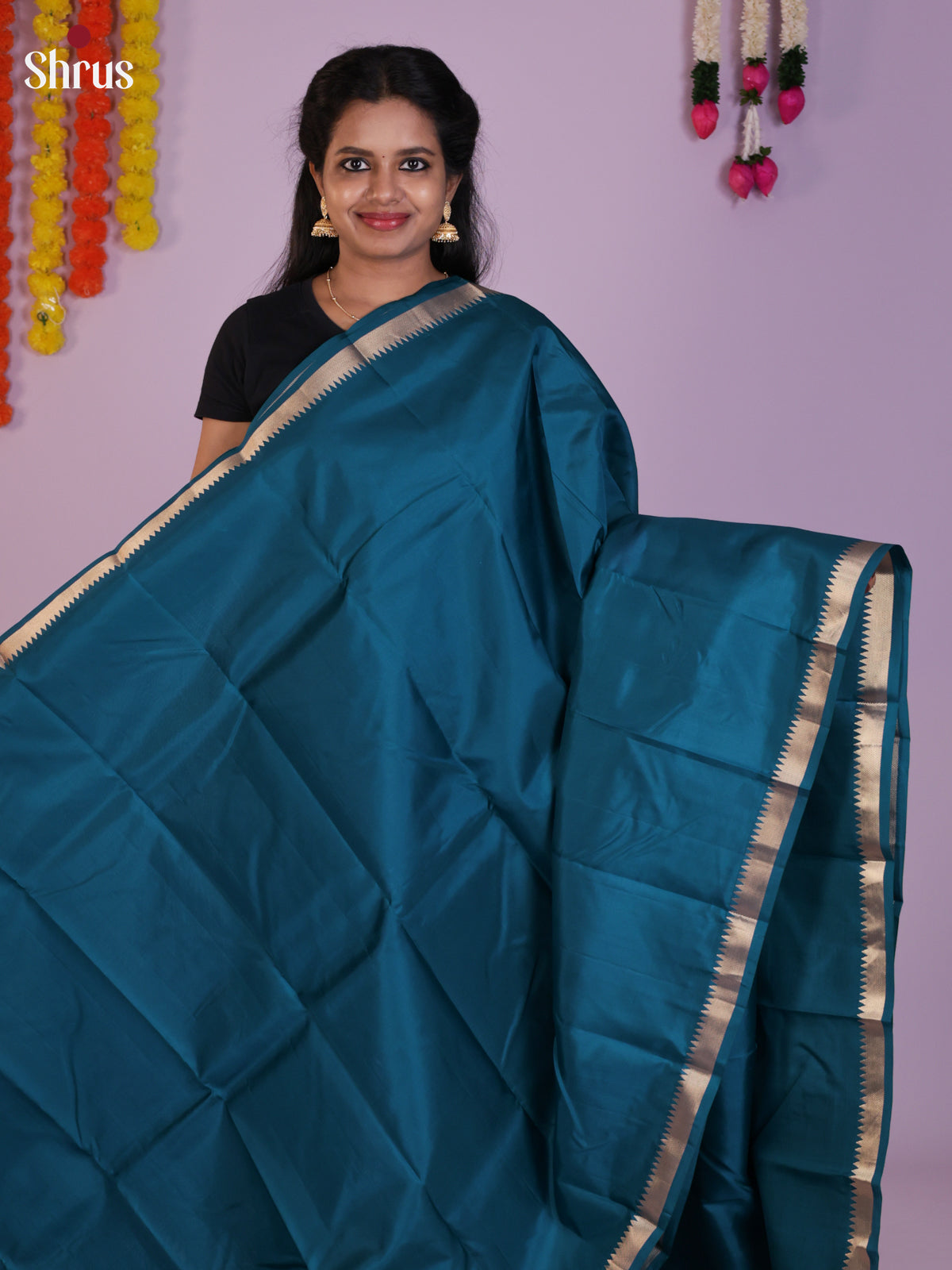 Buy Enchanting Teal Blue Kanchipuram Saree With Silver Temple Zari Border & Brocade Pallu