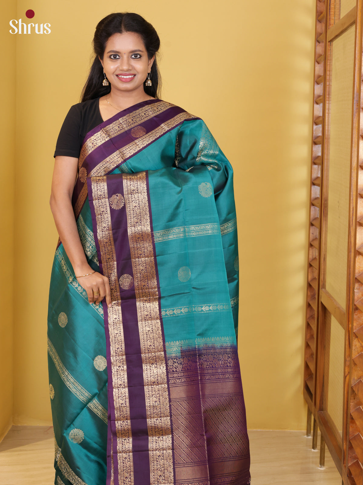 Buy Pretty Teal Blue Kanchipuram Silk Saree With Gold Stripes, Buttas & Purple Rettaipet Border
