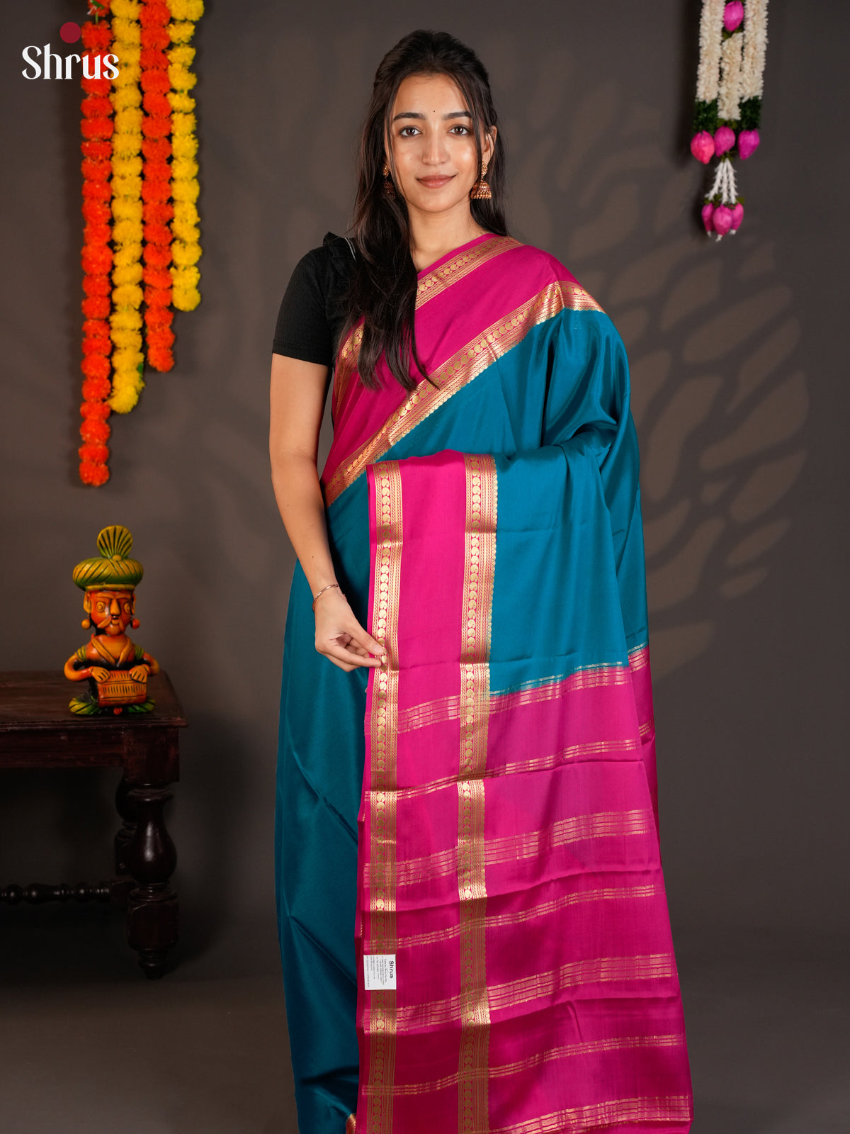 Buy Gorgeous Teal Blue Mysore Silk Saree with Pink Rettaipet Zari Border & Traditional Pallu