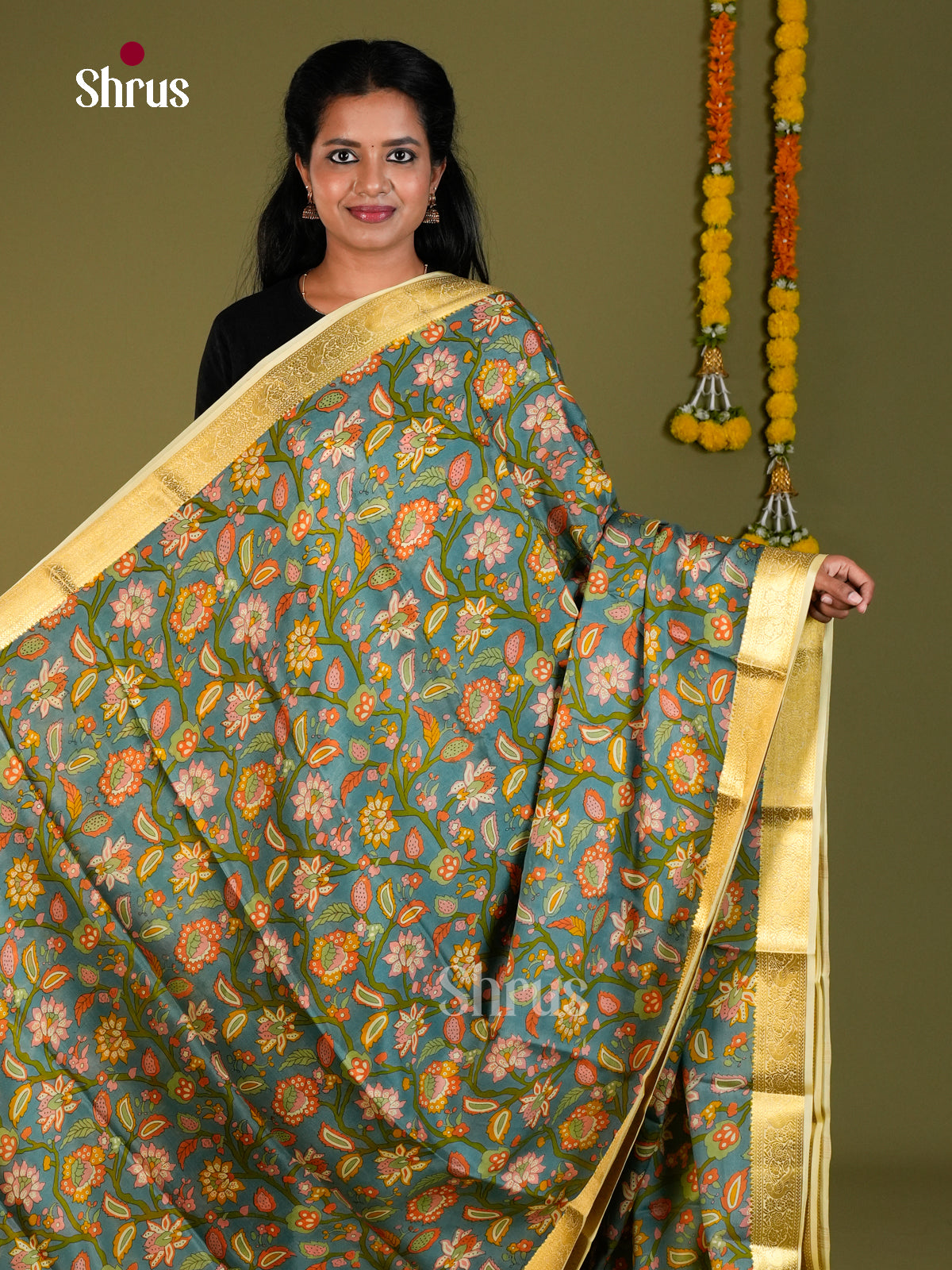 Buy Graceful Teal Blue Mysore Silk Sarees Printed with Floral Vines, Cream Zari Border & Chit Pallu