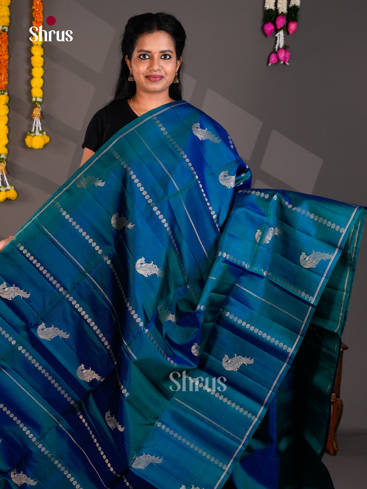 Buy Sheeny Teal Blue Pure Soft Silk Saree With Silver Peacock Motifs, Stripes And Zari Brocade Pallu