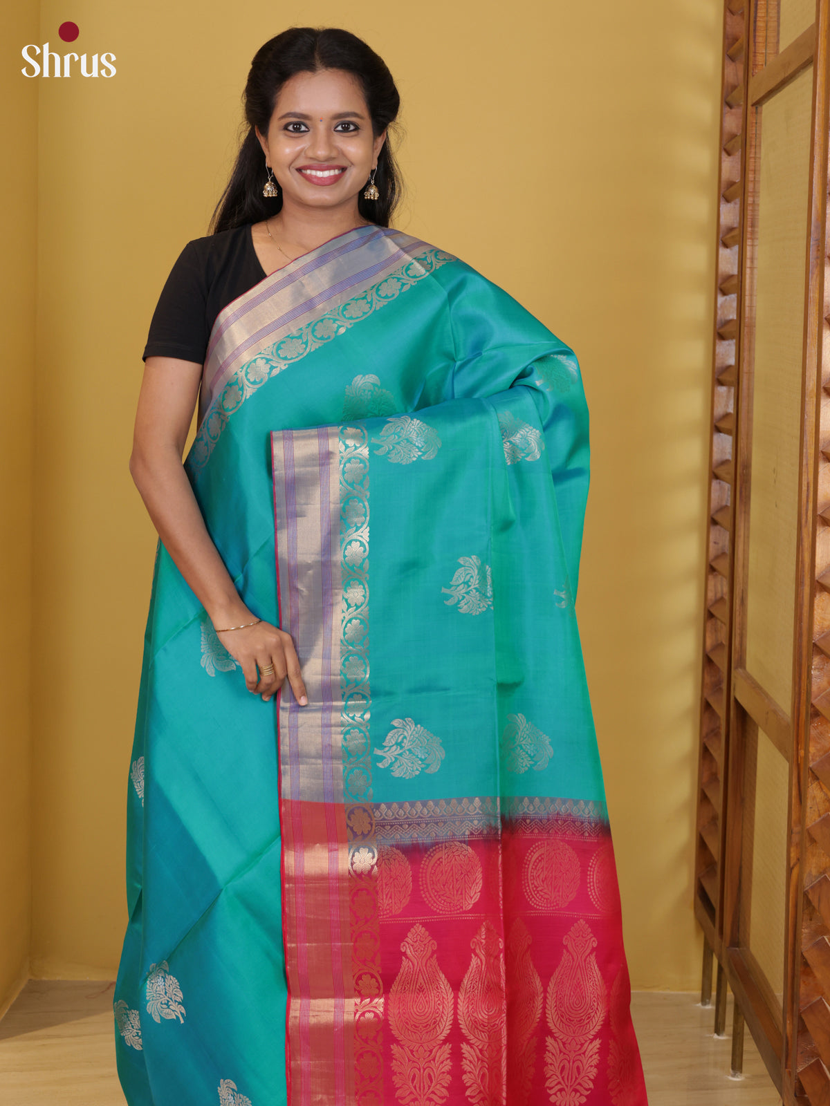 Buy Regal Teal Blue Soft Silk Saree with Floral Motifs, Zari Woven Border & Pink Pallu