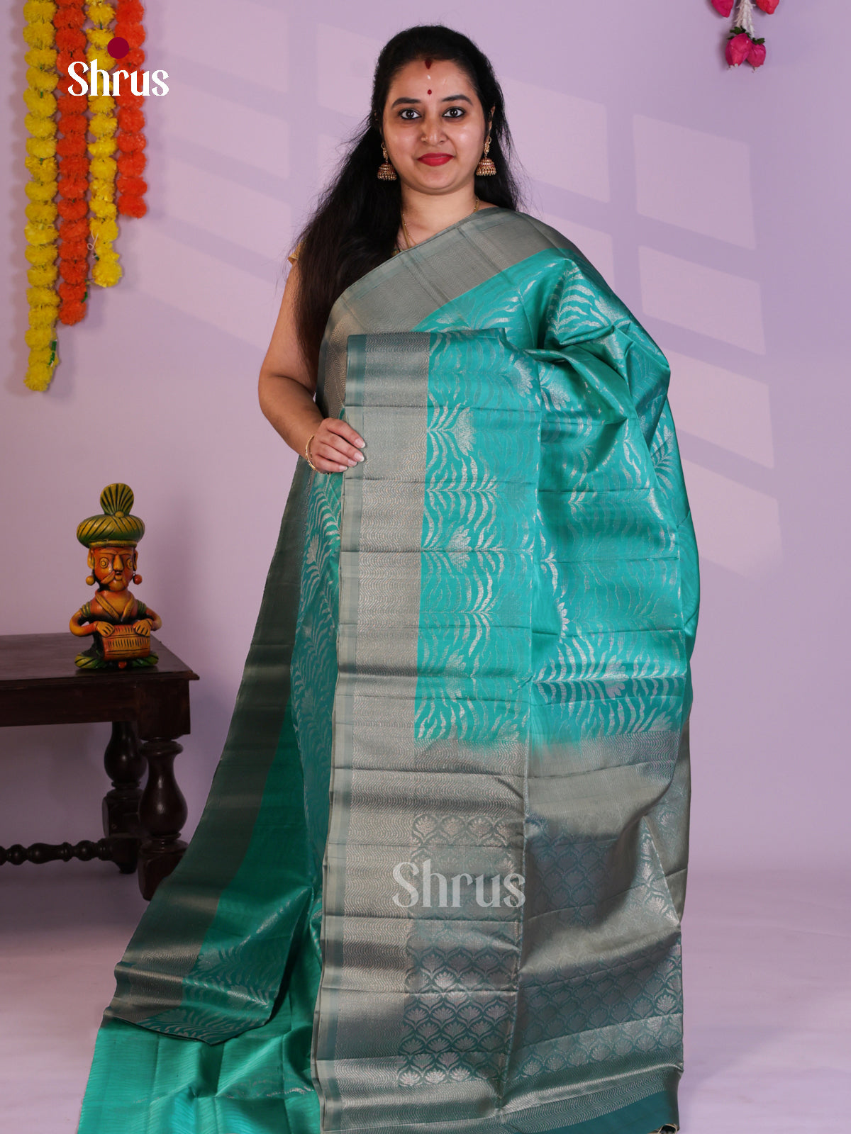 Buy Stunning Teal Blue Soft Silk Saree with Zari Floral Nestling & Grey Brocade Border & Pallu