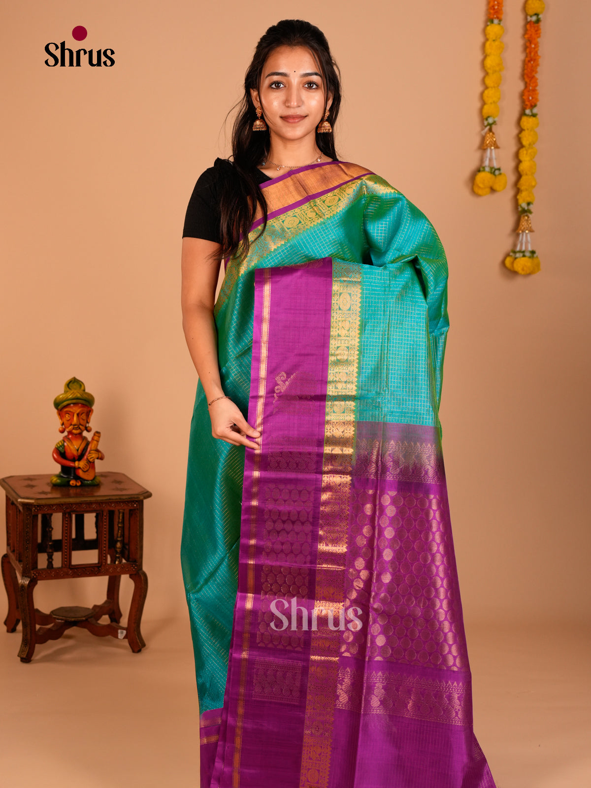Buy Resplendent Teal Green Cotton Silk Saree with Purple Korvai Border & Brocade Pallu