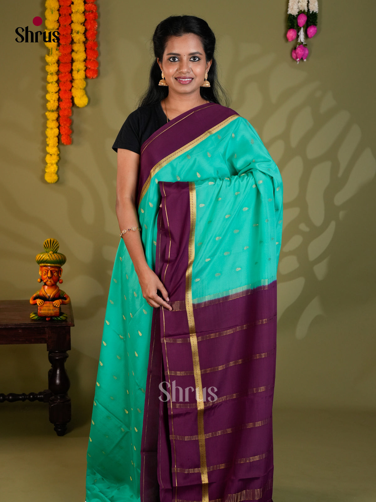 Buy Exquisite Teal Green Mysore Silk Saree with Gold Zari Buttas & Purple Traditional Chit Pallu