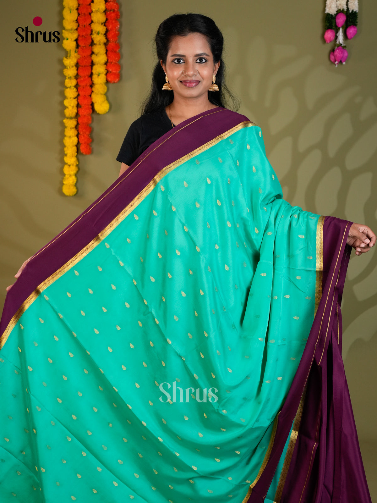 Buy Exquisite Teal Green Mysore Silk Sarees with Gold Zari Buttas & Purple Traditional Chit Pallu