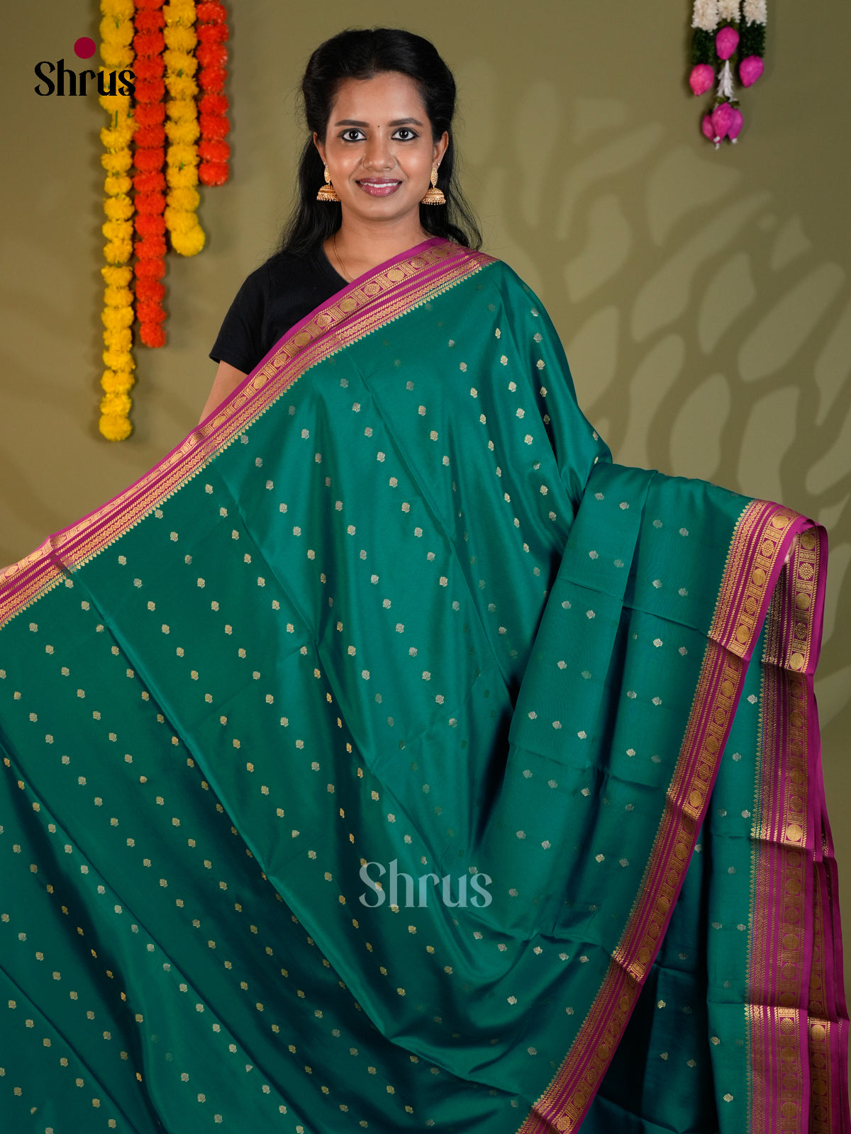 Buy Classy Teal Green Pure Mysore Silk Saree with Gold Buttas, Magenta Zari Border & Striped Pallu