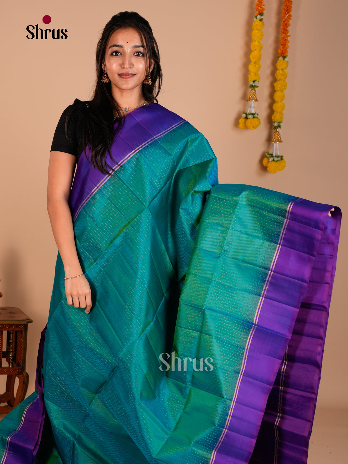 Buy Beautiful Teal Green Pure Soft Silk Saree with Purple Border & Zari Brocade Pallu