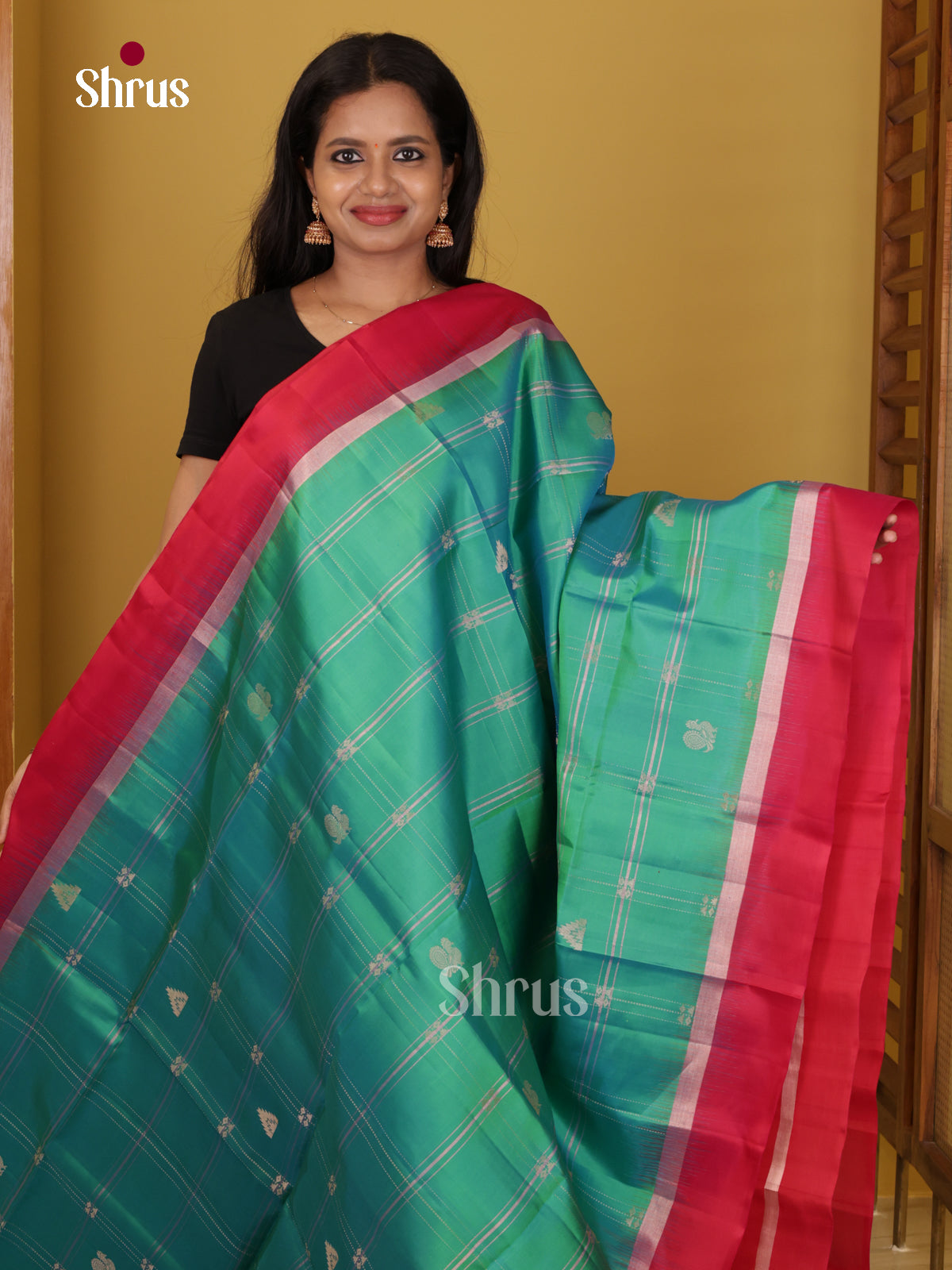 Buy Pretty Teal Green Pure Soft Silk Saree with Silver Checks, Peacock Buttas & Dark Pink Brocade Pallu
