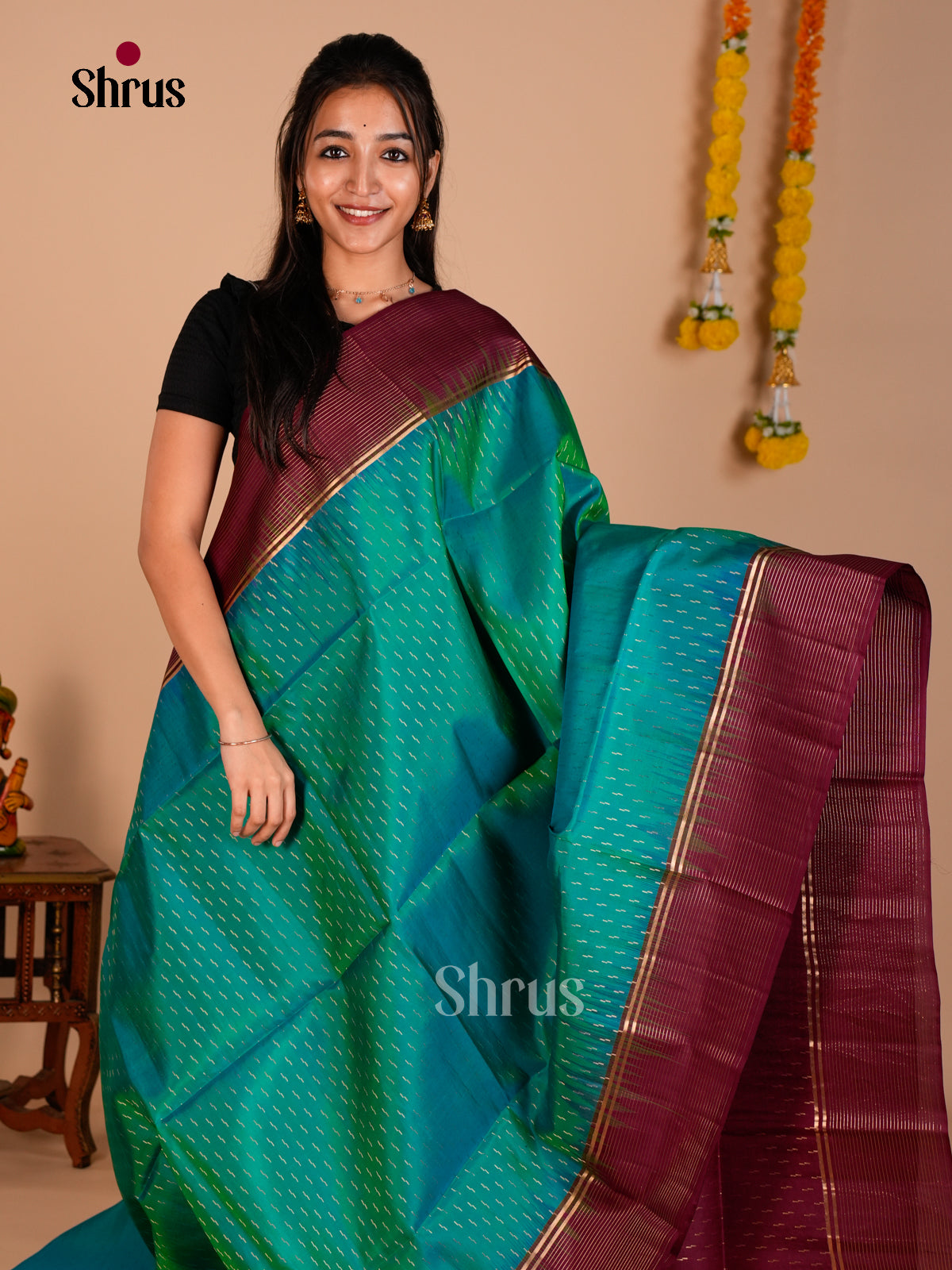 Buy Classy Teal Green Pure Soft Silk Saree with Zari Stripes Butta & Maroon Brocade Pallu