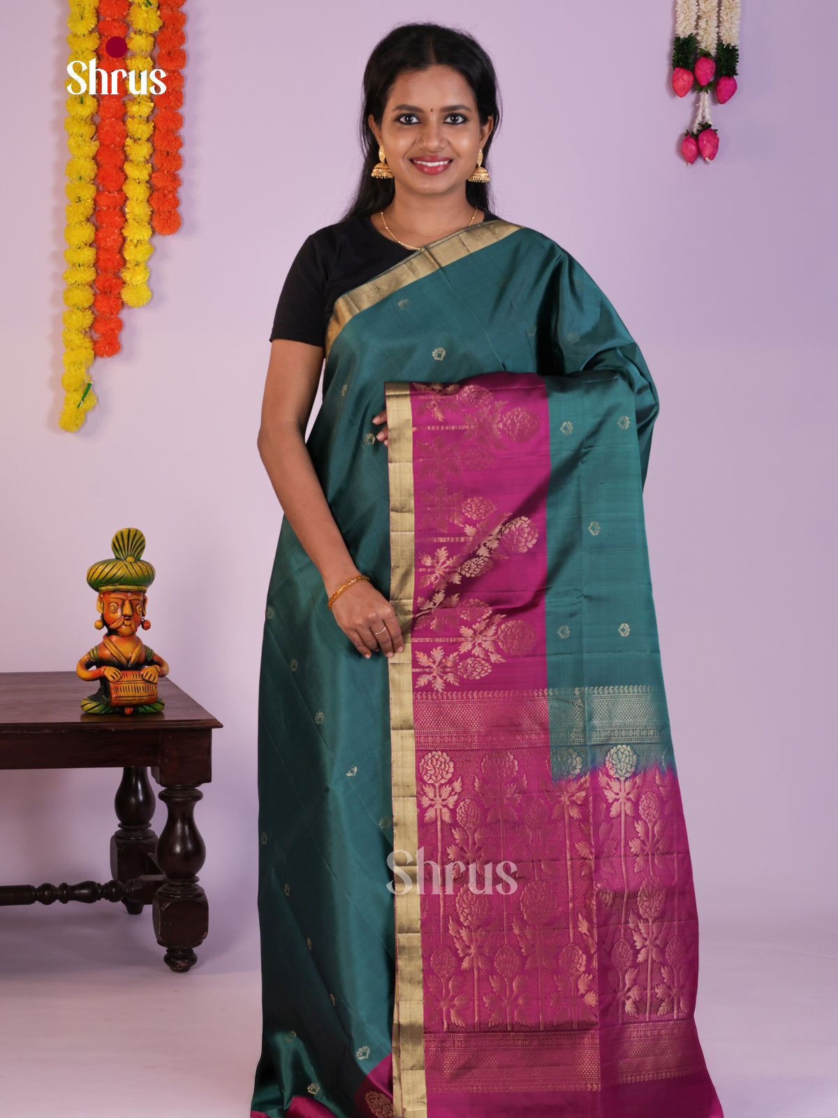 Buy Serene Teal Green Soft Silk Saree With Zari Buttas, Purple Border & Floral Brocade Pallu