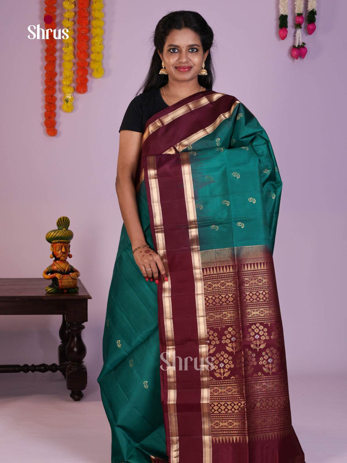 Buy Vivacious Teal Green Soft Silk Saree with Manga Buttas, Deep Maroon Rettapet Border & Pallu