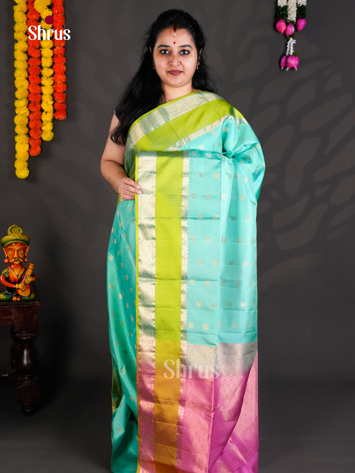 Buy Beautiful Teal Green Soft Silk Saree with Zari Buttas Light Green Rattaipet Border & Pink Pallu