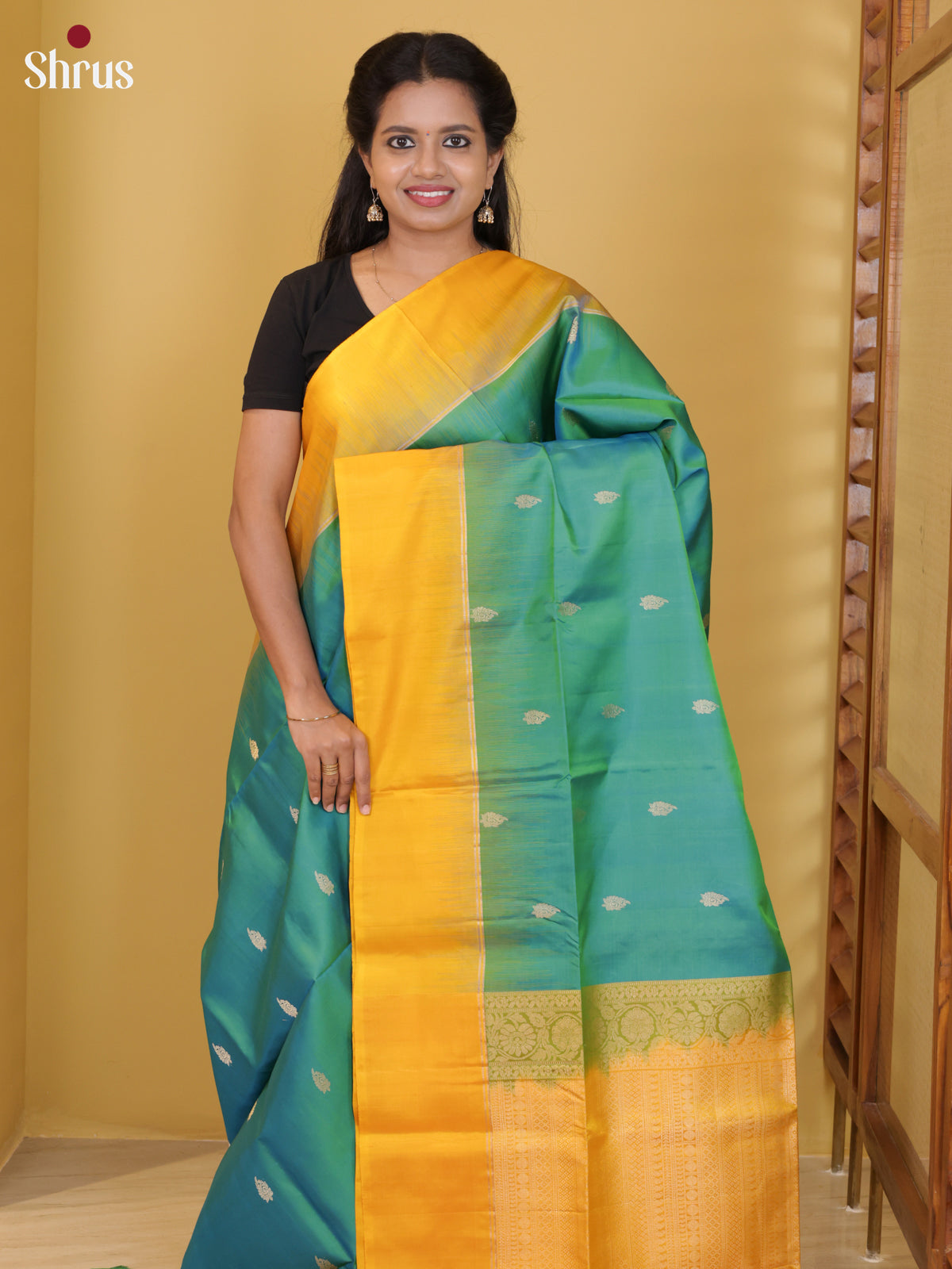 Buy Vivid Teal Green Soft Silk Saree with Zari Leaf Buttas, Yellow Border & Brocade Pallu