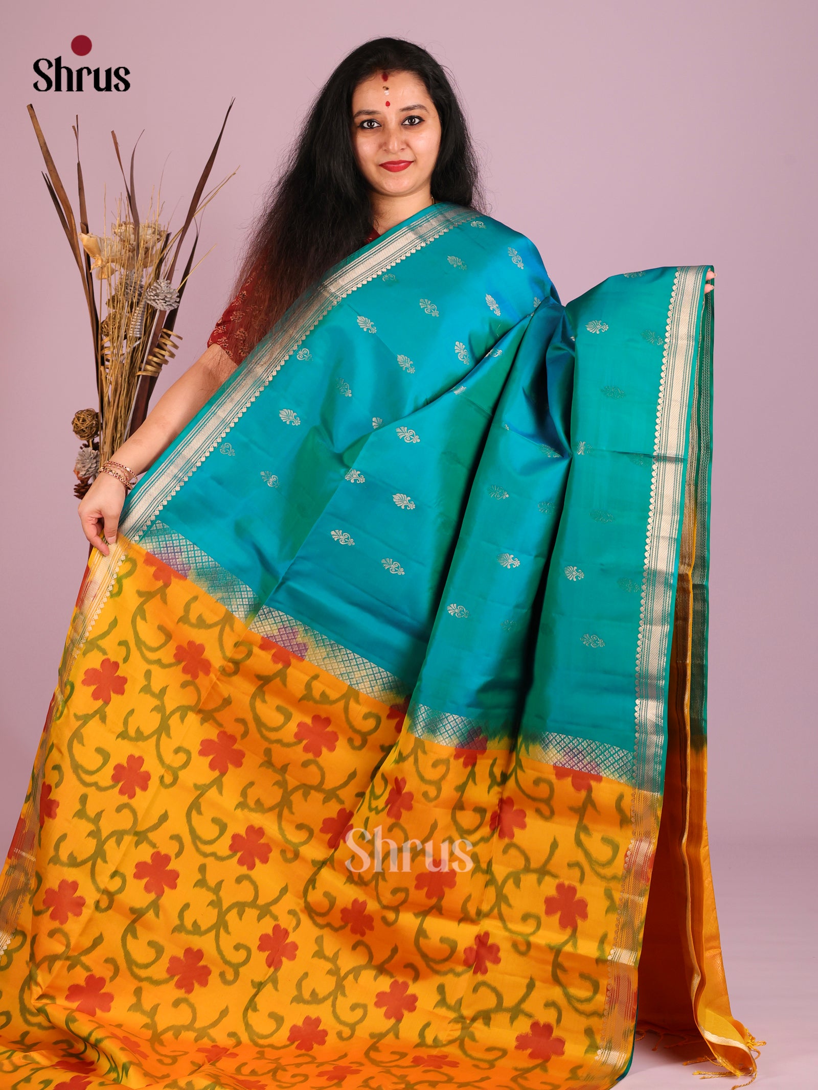 Buy Brilliant Teal Half & Half Pure Soft Silk Saree with Floral Buttas & Mustard Ikat Floral Nestling