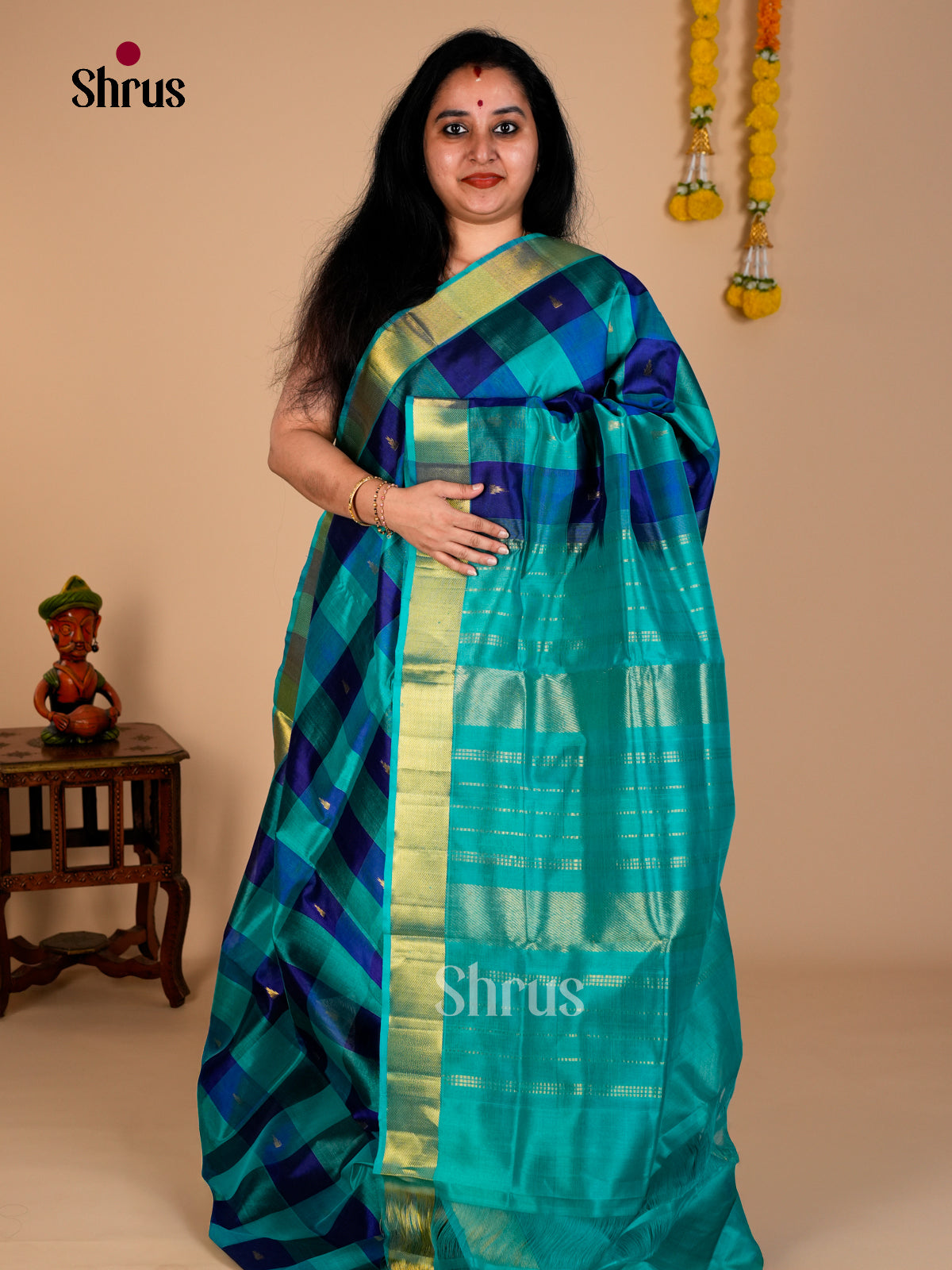 Buy Vibrant Teal & Navy Silk Cotton Saree With Paalum Pazhamum Pattern & Teal Pallu