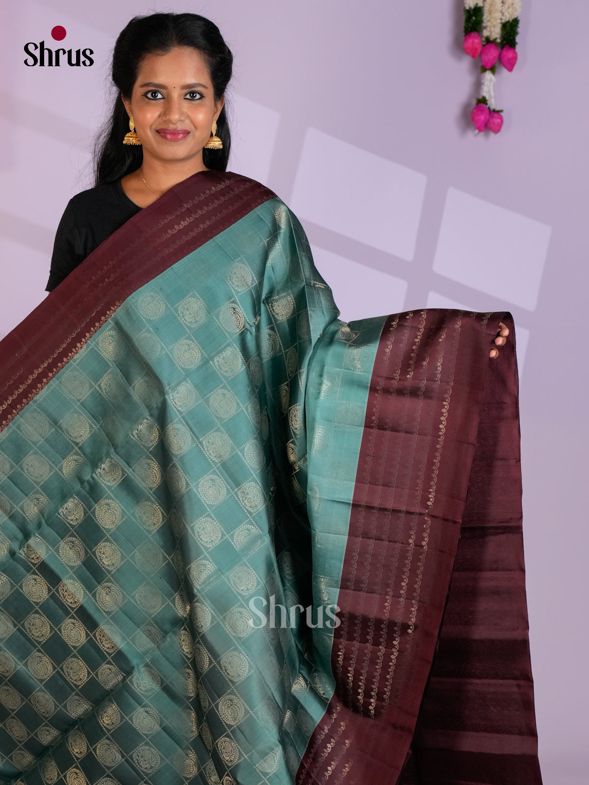 Buy Striking Teal Pure Soft Silk Saree with Zari Checks, Motifs & Brown Border & Pallu