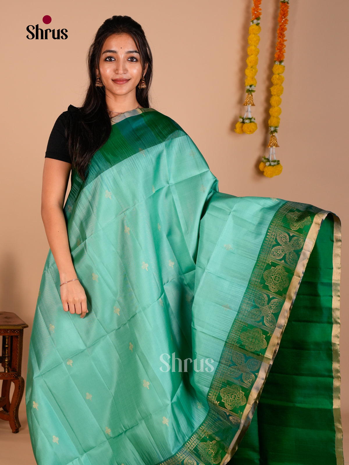Buy Stunning Teal Pure Soft Silk Saree with Zari Floral Buttas & Green Brocade Weave Border