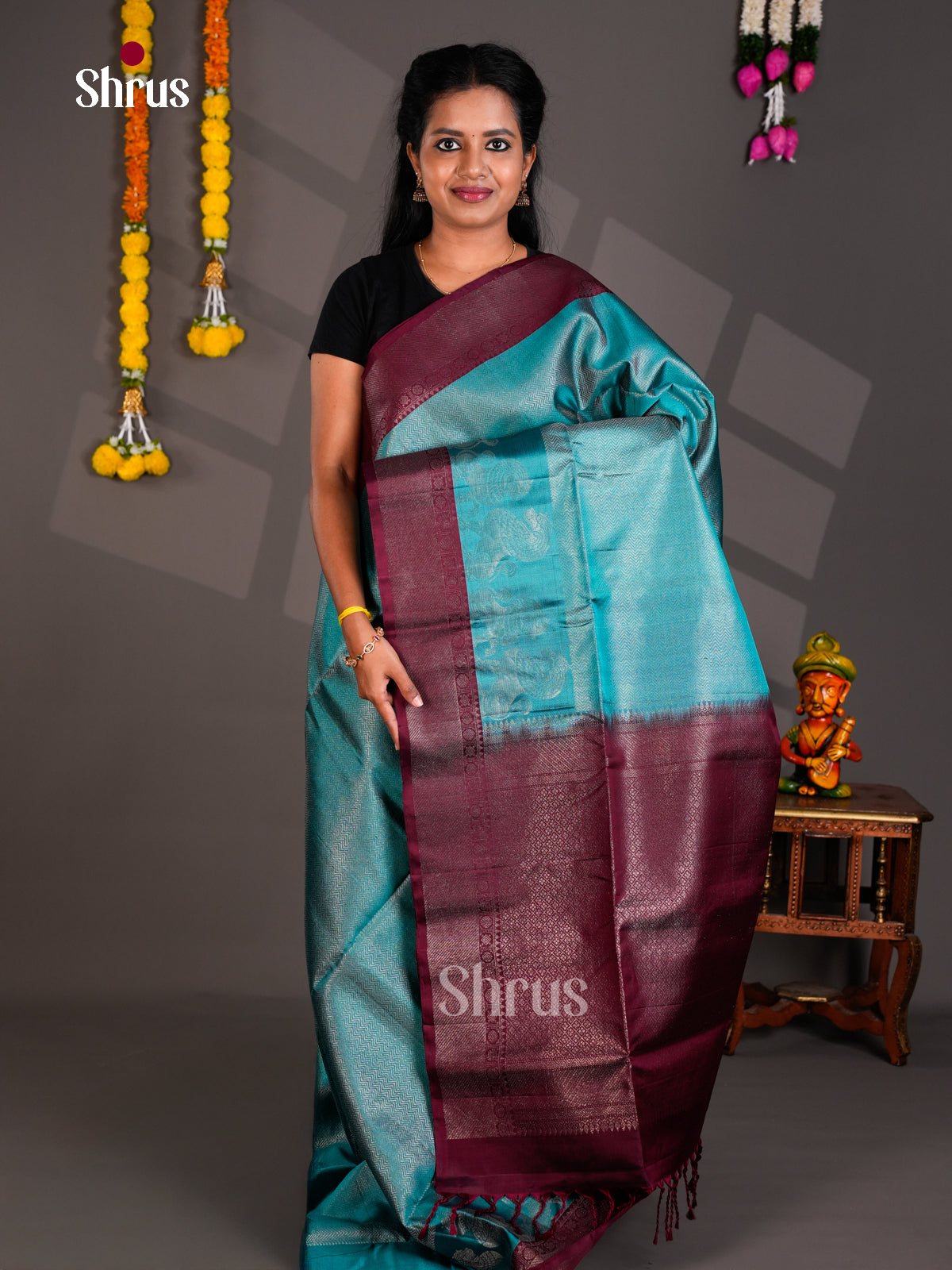 Buy Sheeny Teal Soft Silk Saree With Intricately Woven Silver Wave Pattern, Wine Border & Pallu