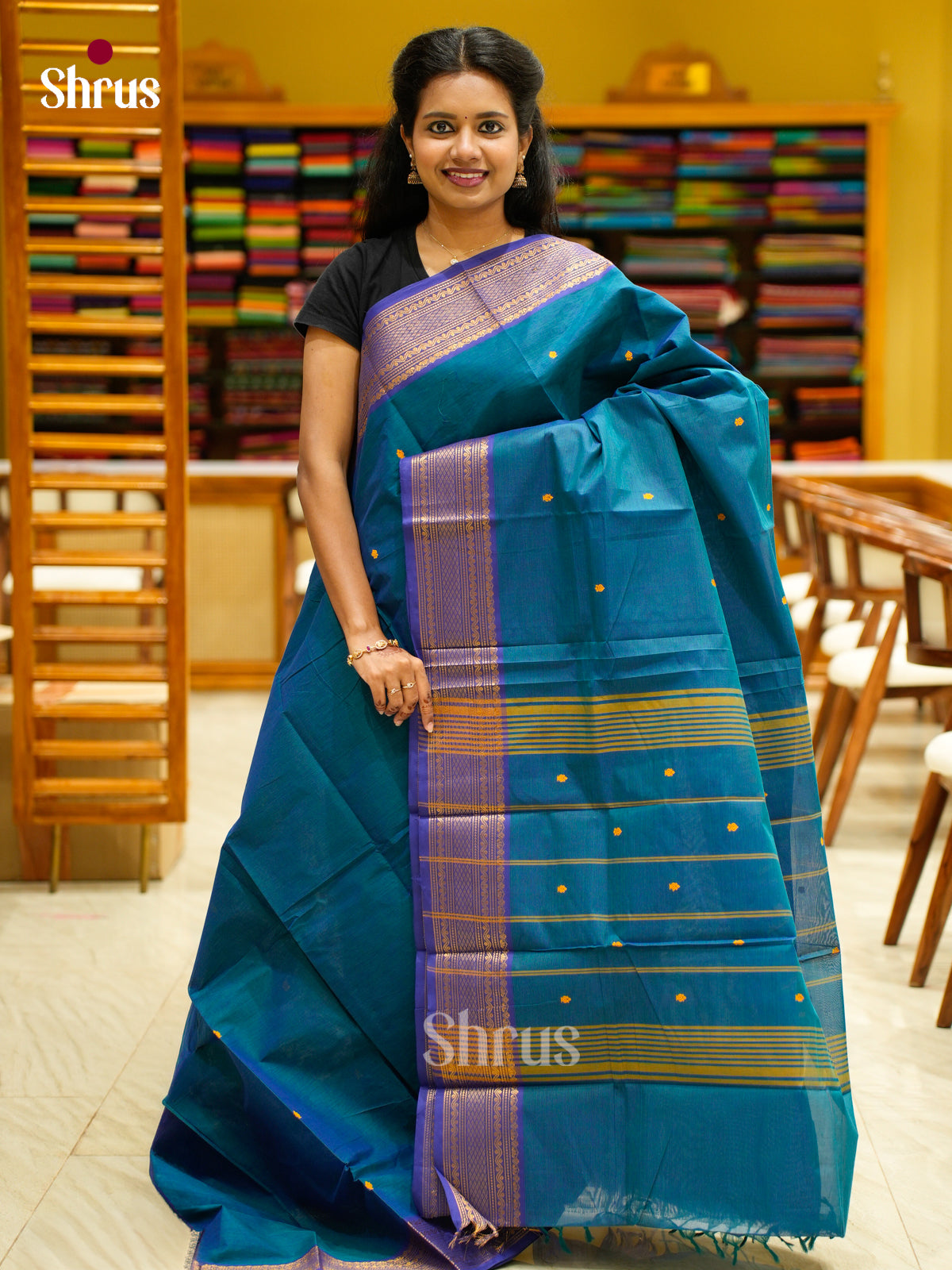 Timeless Blue Chettinad Cotton Saree With Thread Buttas & Royal Blue Zari Border
