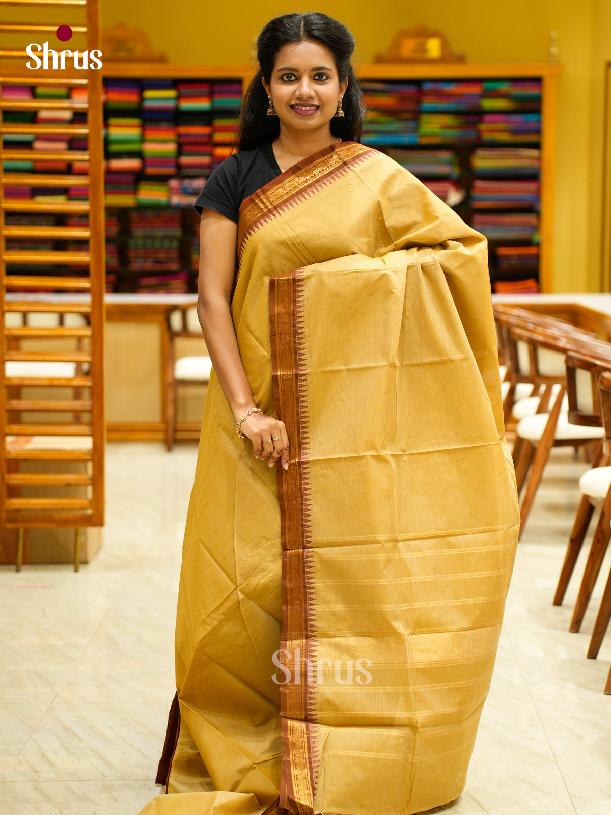 Timeless Cream Chettinad Cotton Saree With Plain Body & Brown Temple Zari Border