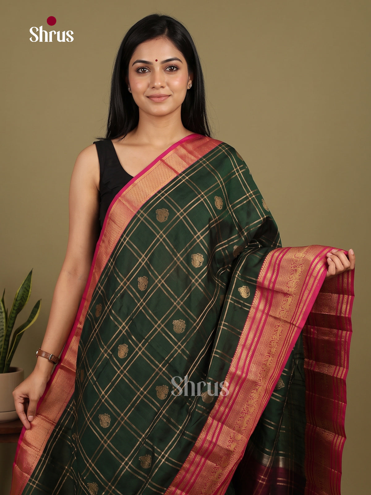 Timeless Dark Green Kanchipuram Saree with Zari Checks, Floral Buttas & Red Broad Border 1
