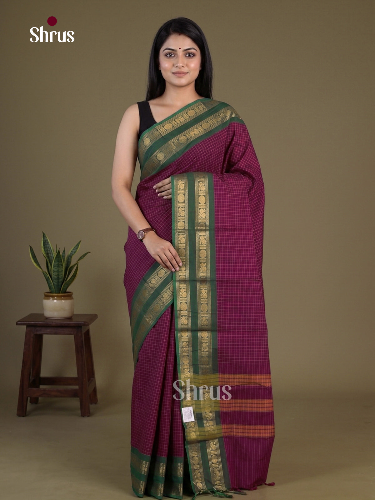 Timeless Deep Magenta Chettinad Cotton Saree With Micro Checks & Green Rettapet Zari Border