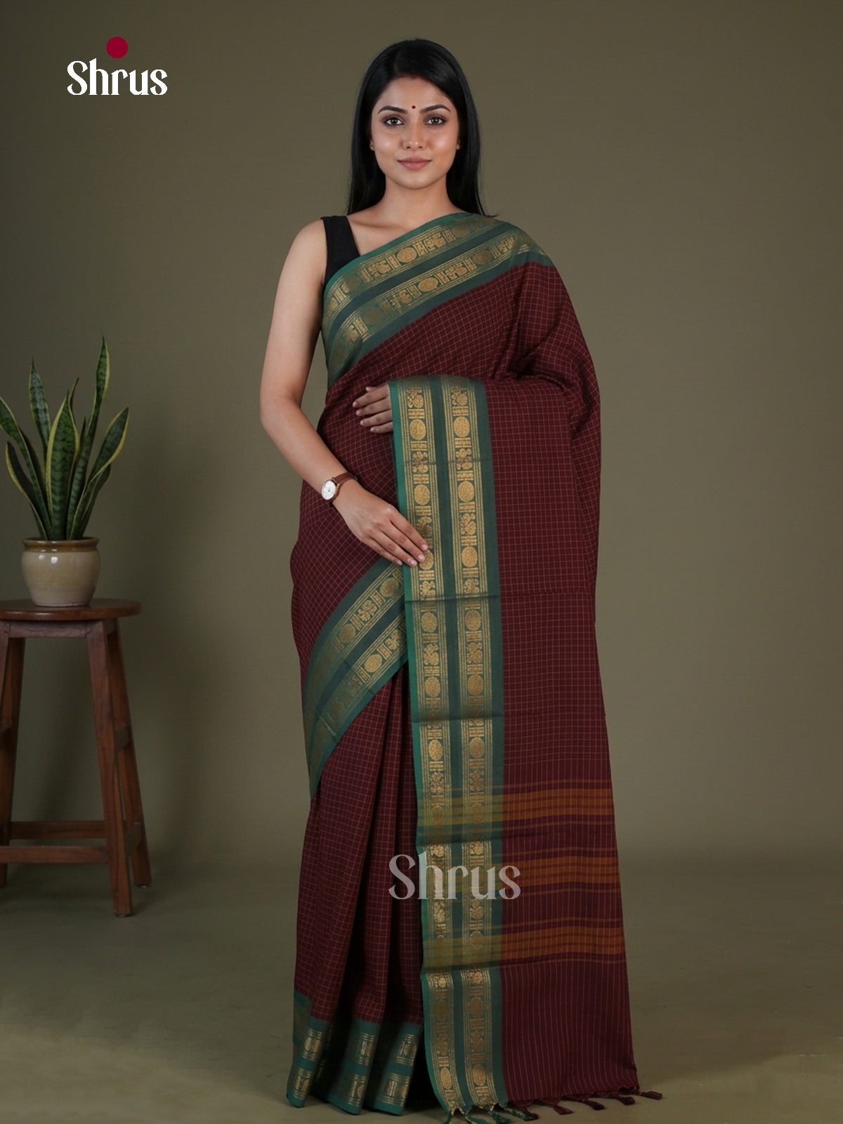 Timeless Deep Maroon Chettinad Cotton Saree With Micro Checks & Green Rettapet Zari Border