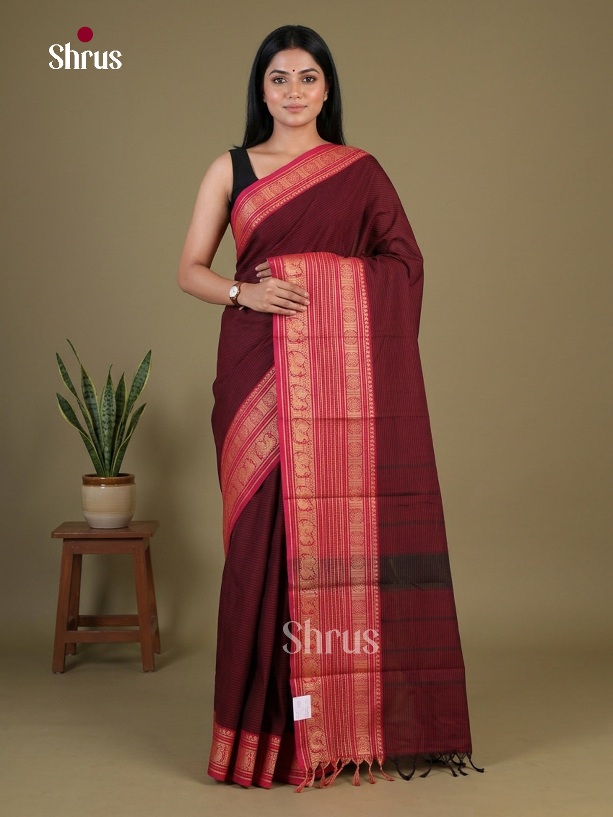 Timeless Deep Maroon Chettinad Cotton Saree With Micro Stripes & Pink Zari Striped Border