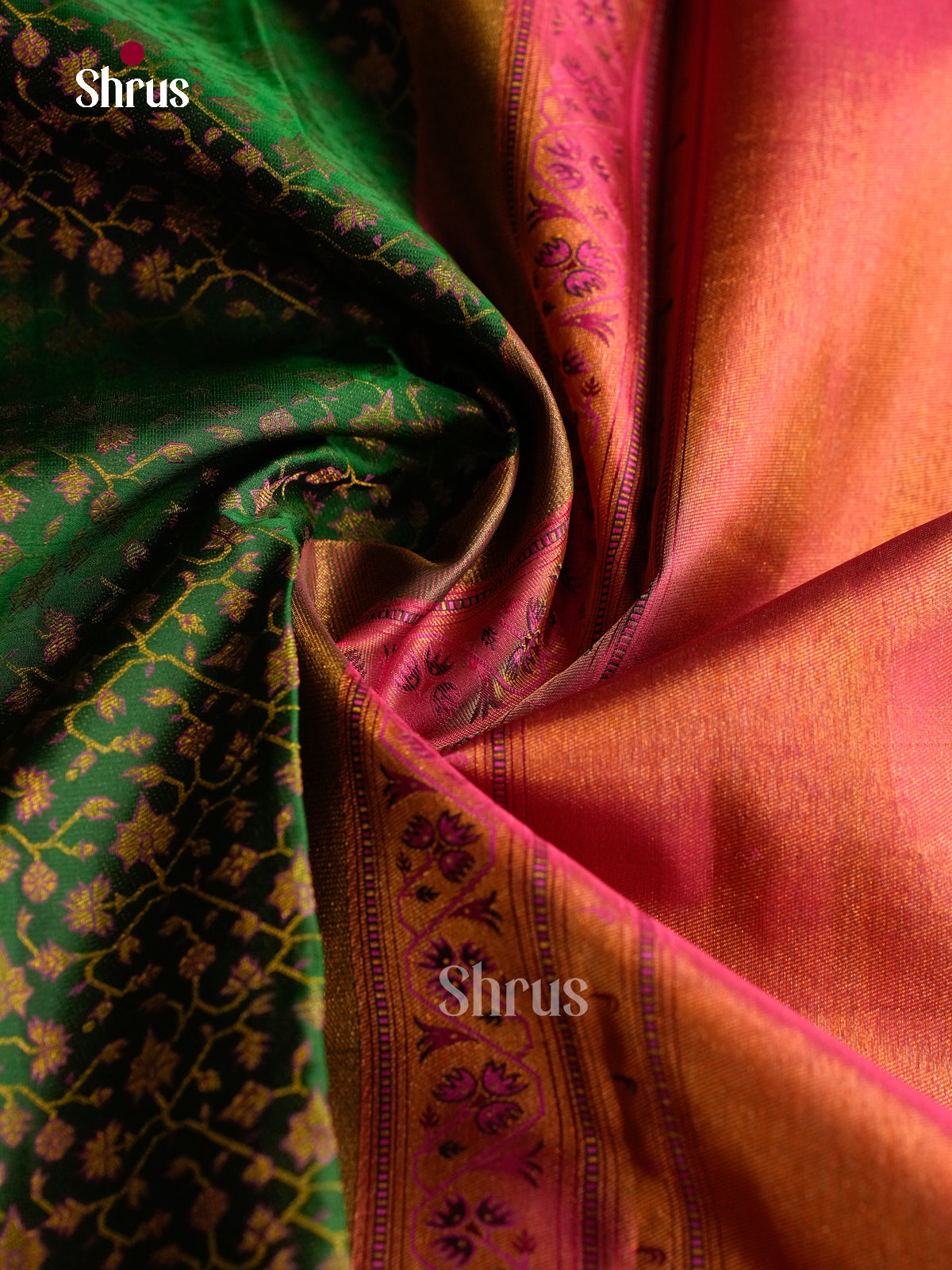 Timeless Green Silk Saree With Jaal Patterns | Magenta Floral Vines Border & Pallu