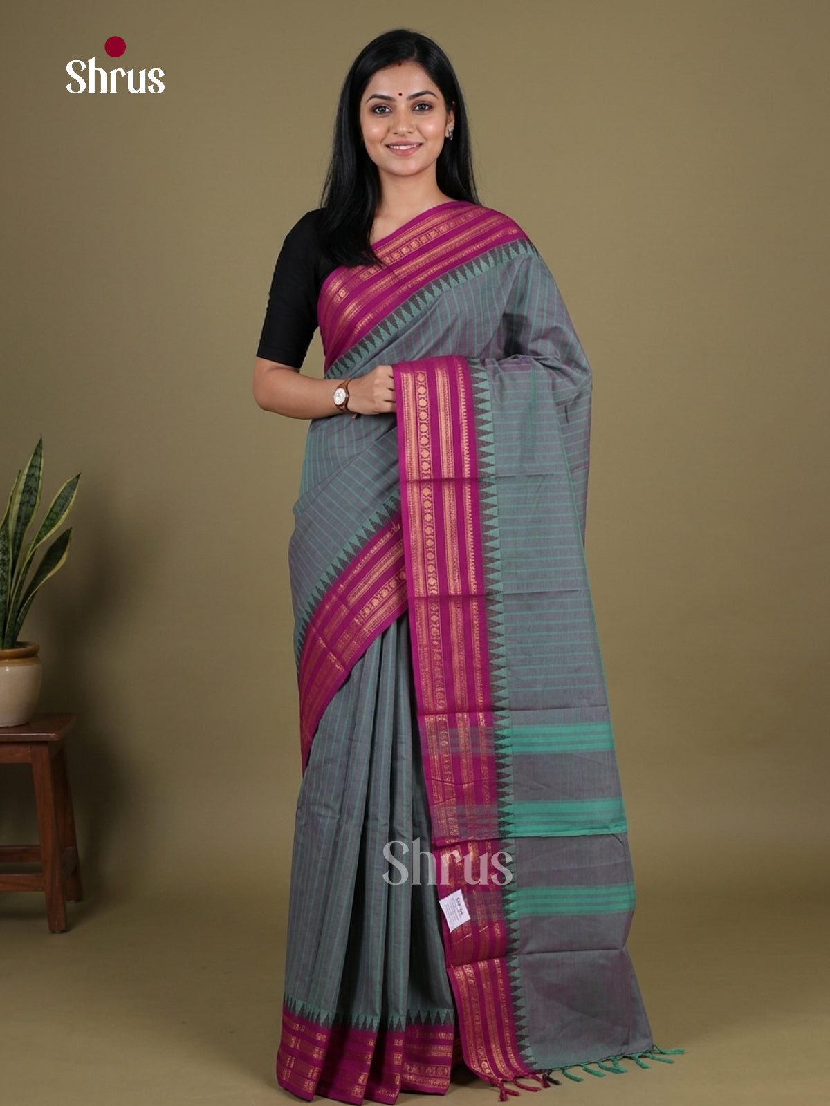 Timeless Grey Chettinad Cotton Saree With Stripes & Dark Pink Temple Zari Border