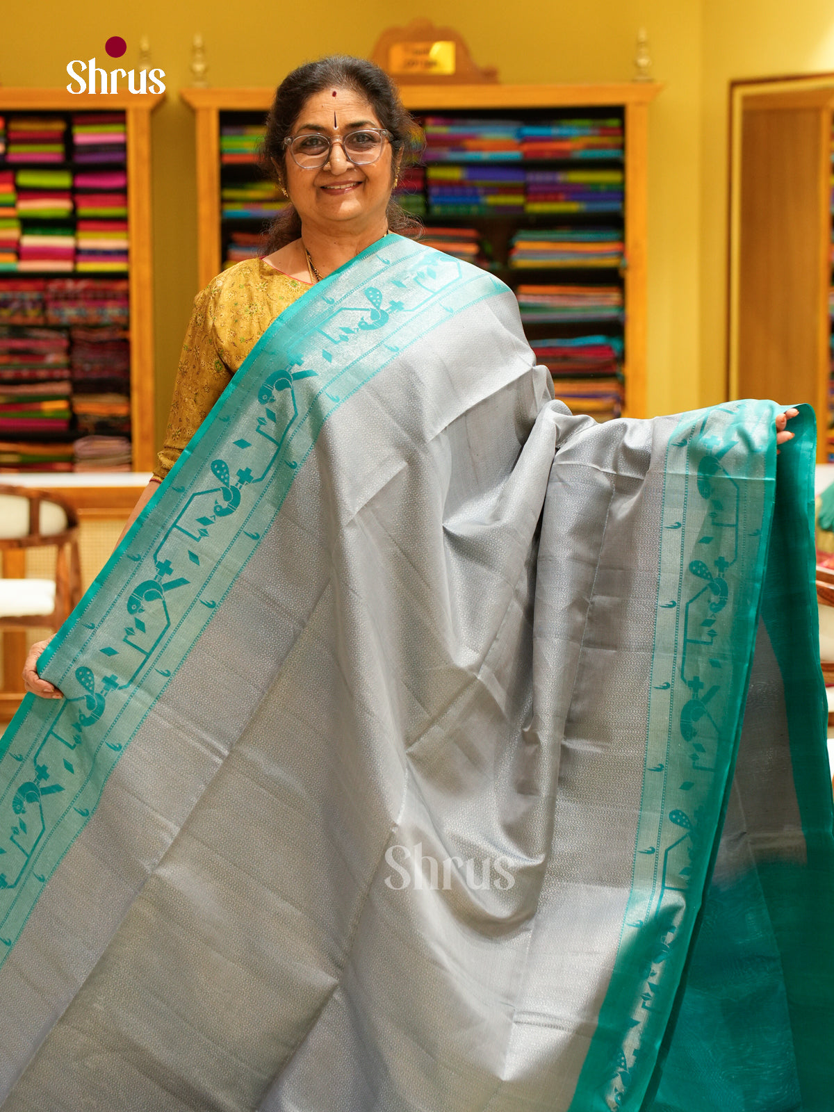 Timeless Grey Pure Soft Silk Saree with Brocade | Teal Blue Contrast Border
