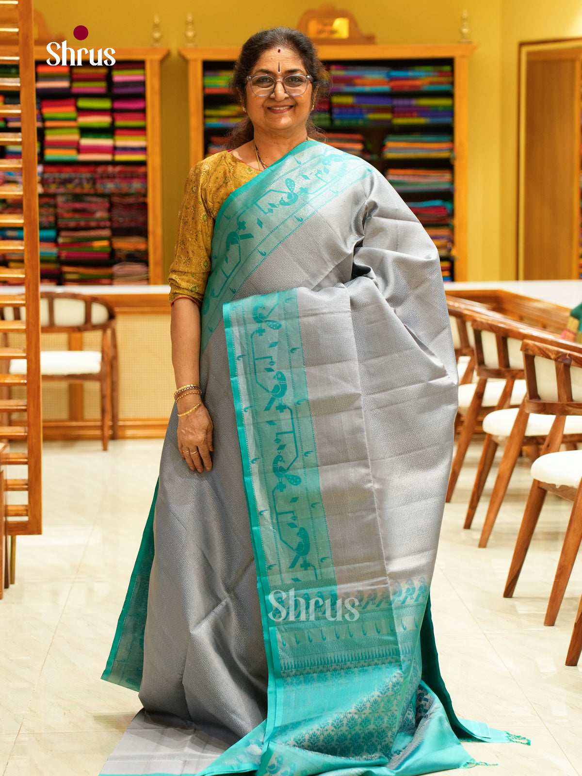 Timeless Grey Soft Silk Saree with Brocade | Teal Blue Contrast Border