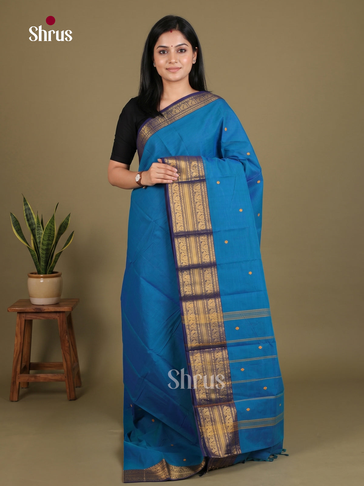 Timeless Ink Blue Chettinad Cotton Saree With Small Thread Buttas & Blue Zari Border