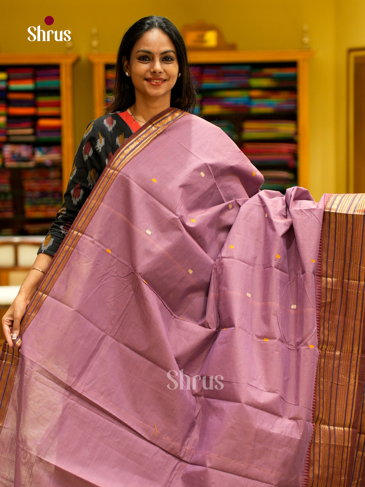 Timeless Lavender Chettinad Cotton Saree with Thread Buttas & Brown Temple Zari Border