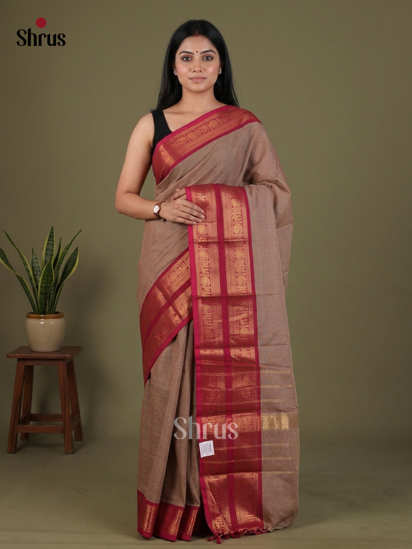 Timeless Light Brown Chettinad Cotton Saree With Plain Body & Deep Pink Rettapet Zari Border