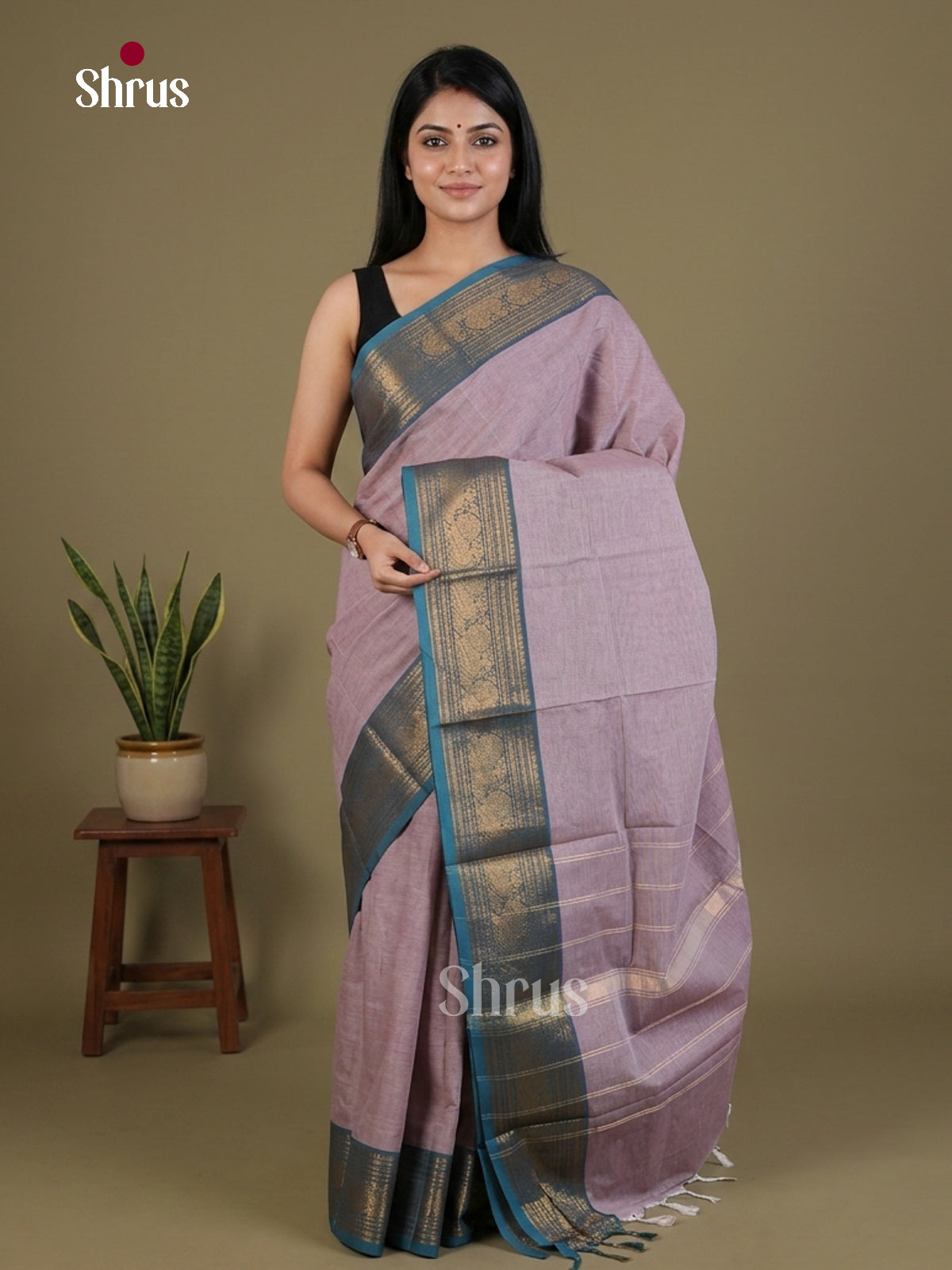 Timeless Lilac Chettinad Cotton Saree With Teal Golden Border & Traditional Zari Striped pallu