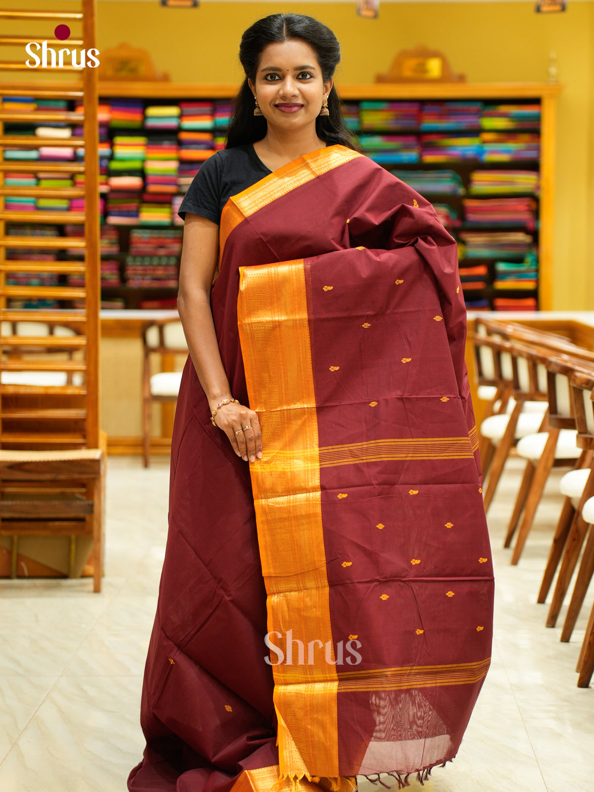 Timeless Maroon Chettinad Cotton Sarees With Thread Buttas & Mustard Zari Border