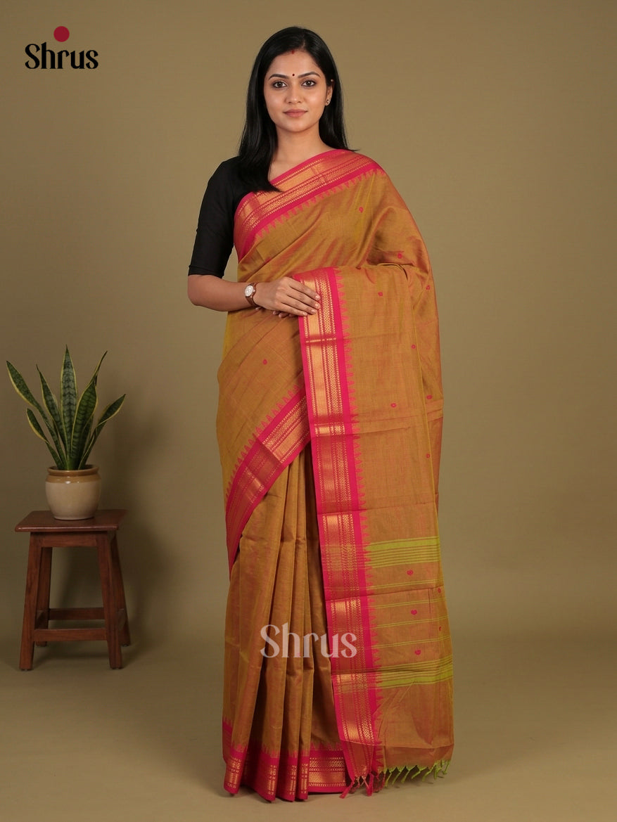 Timeless Mustard Chettinad Cotton Saree With Thread Buttas & Pink Temple Zari Border