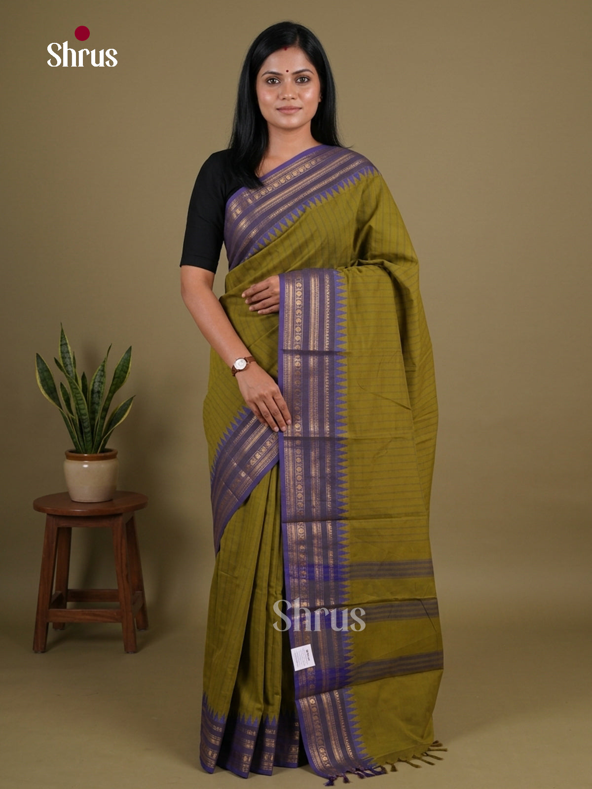 Timeless Olive Green Chettinad Cotton Saree With Stripes & Violet Temple Zari Border