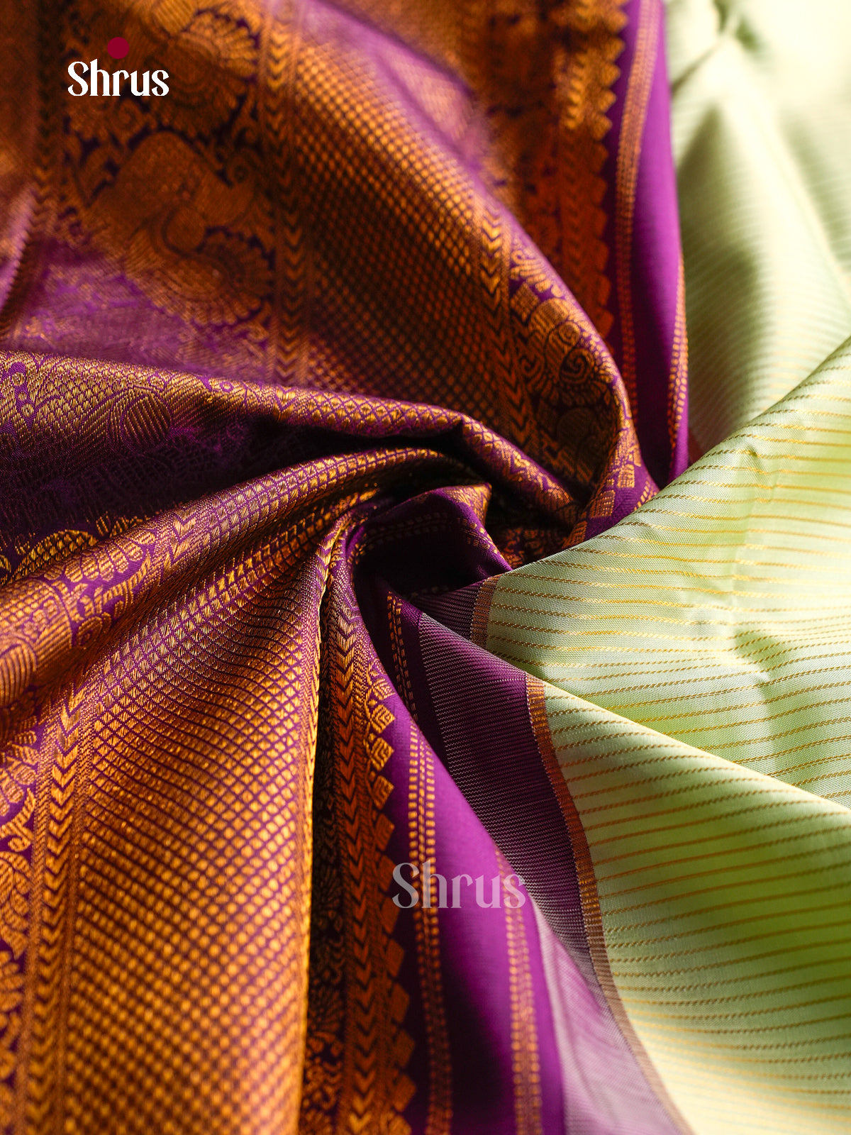 Timeless Pastel Green Silk Saree With Gold Stripes | Purple Border With Zari Bands
