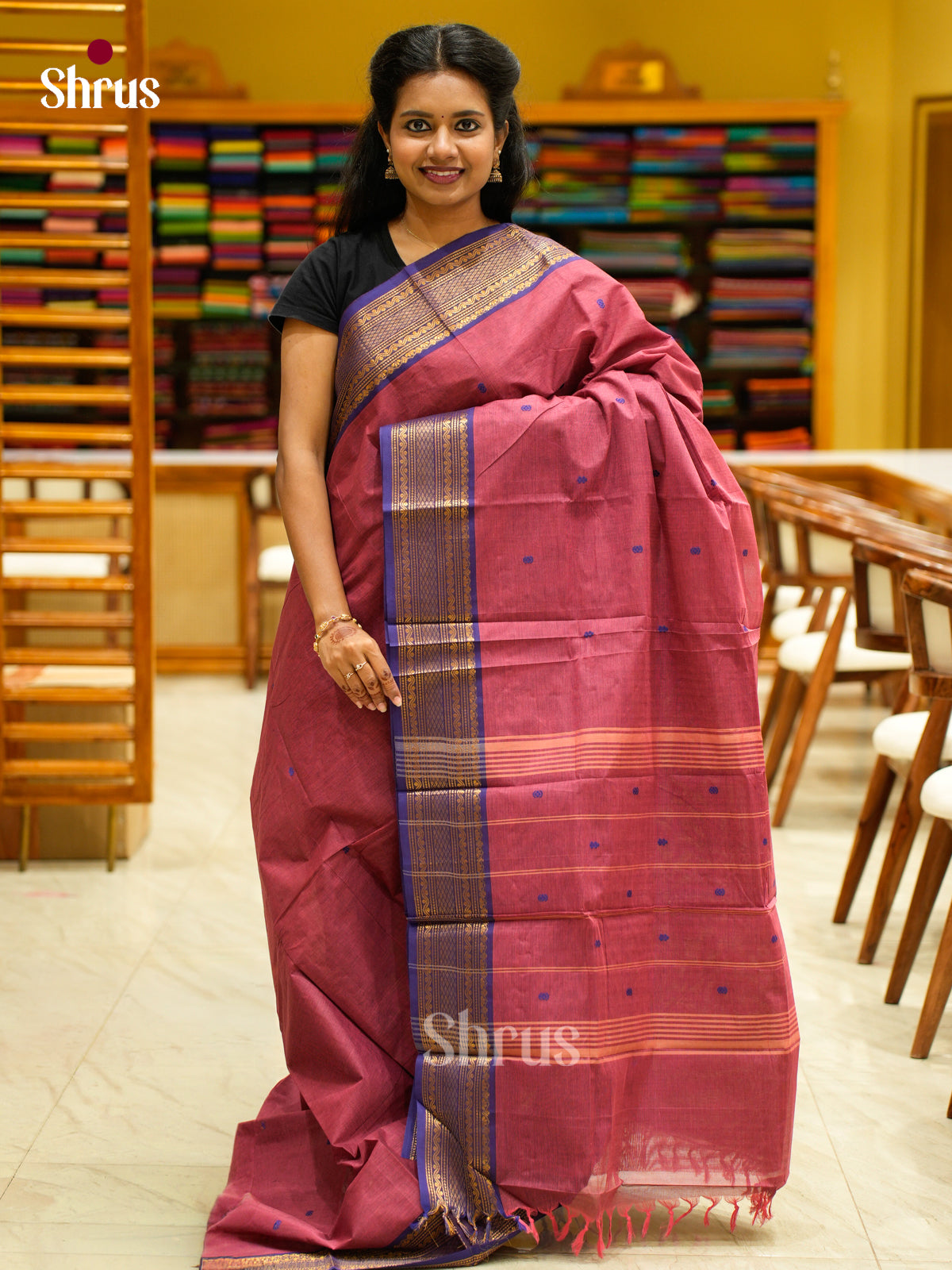 Timeless Pink Chettinad Cotton Saree With Thread Buttas & Blue Zari Border