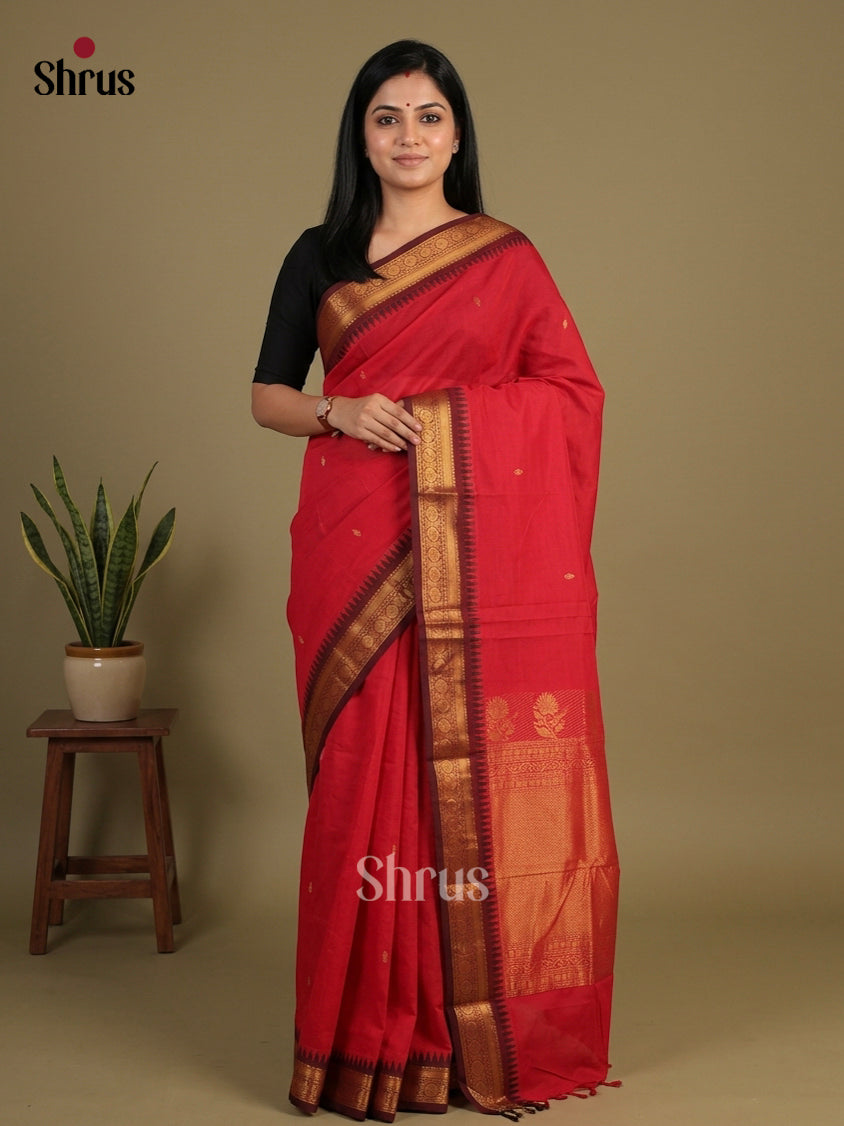 Timeless Red Chettinad Cotton Saree With Gold Buttas & Brown Temple Zari Border