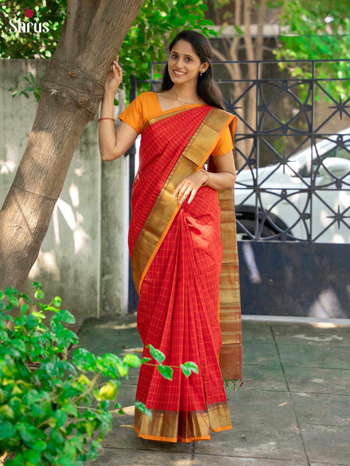 Timeless Red Chettinad Cotton Saree With Thread Checks, Buttas & Mustard Zari Border