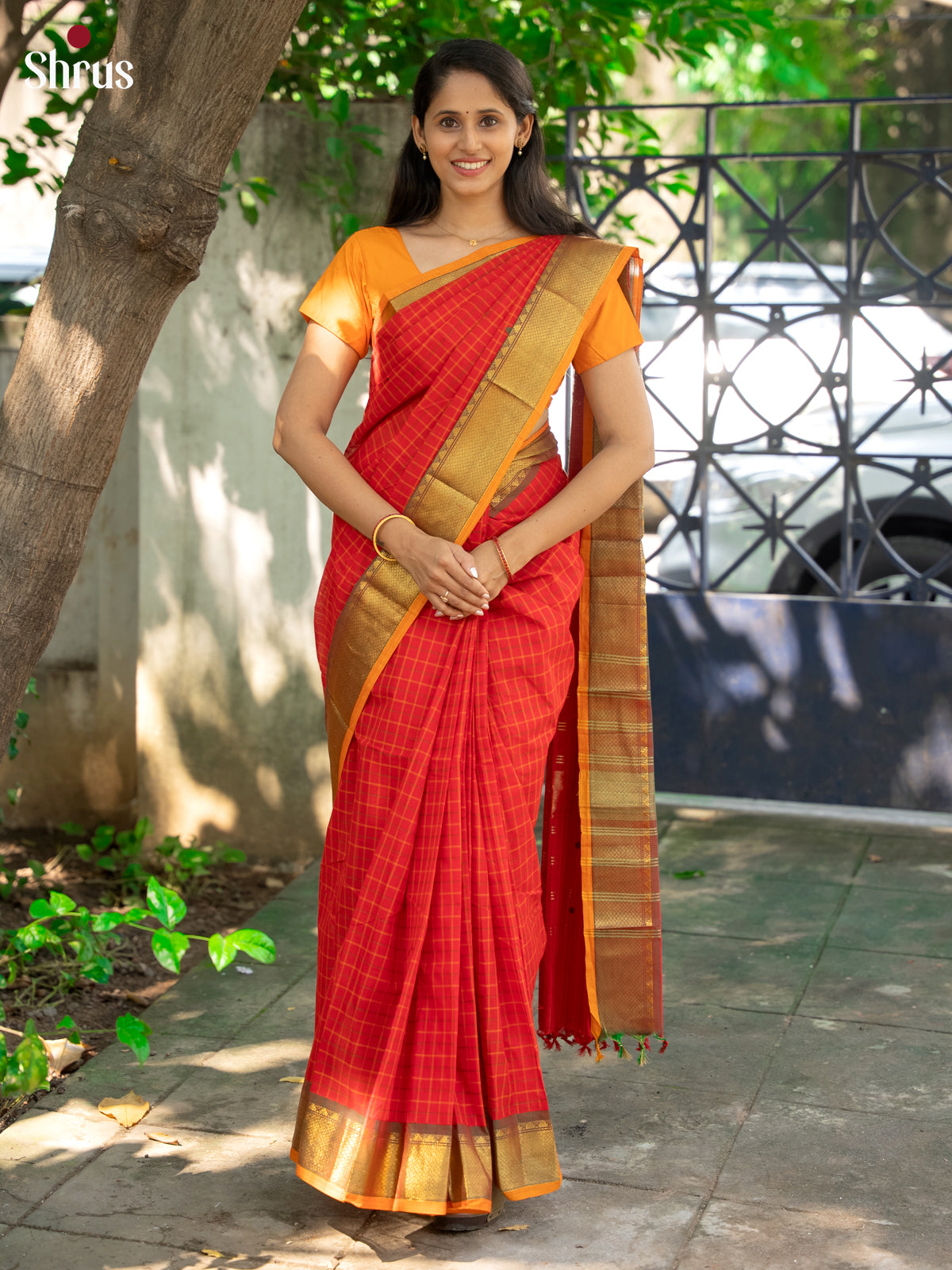Timeless Red Chettinad Cotton Sarees With Thread Checks, Buttas & Mustard Zari Border