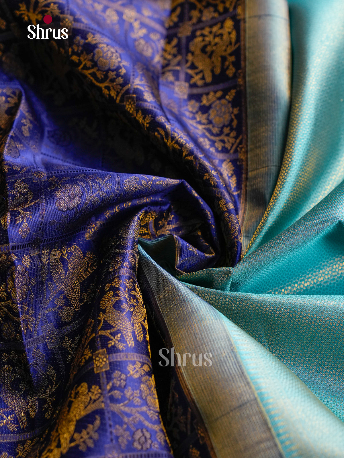 Timeless Royal Blue Pattu Saree With Checks, Bird Motifs & Sky Blue Zari Border