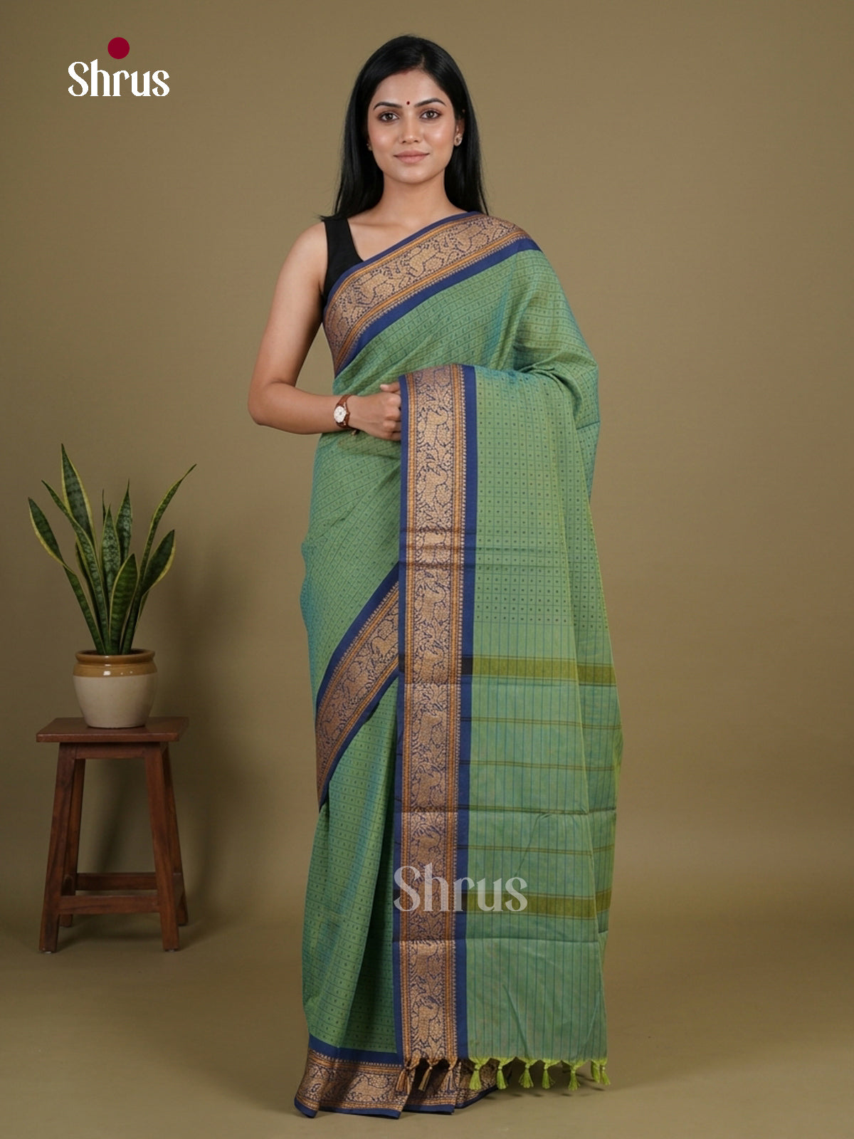 Timeless Sea Green Chettinad Cotton Saree With Checks, Micro Buttas & Blue Border